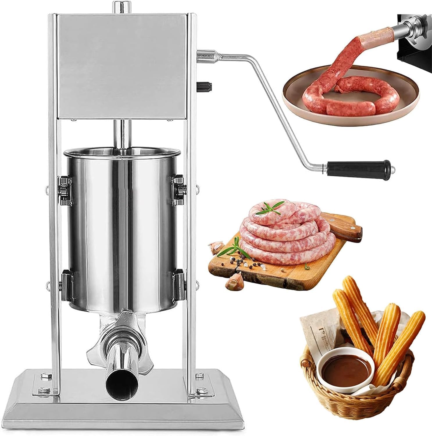 Llenadora manual de salchichas y churros de acero inoxidable de 5 litros, máquina de llenado vertical con 5 tubos de salchicha y 4 boquillas de churro para cocinas domésticas y restaurantes
