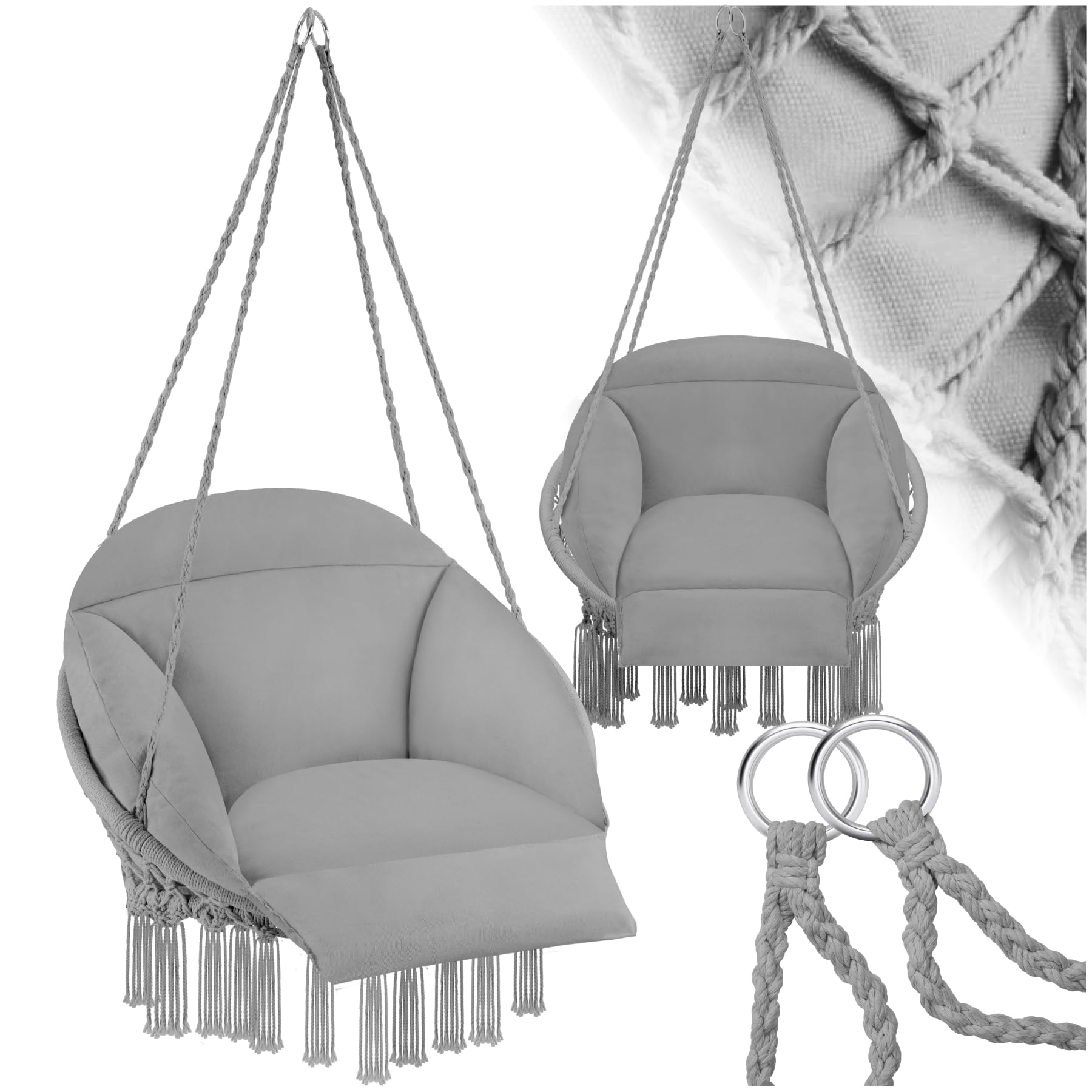 tectake® Cesta Colgante de Estilo Boho Ø 80 cm, Cojines Gruesos de 10-12 cm, Sillón Balancín con Robustas Borlas y 2 Anillas de Fijación, para Interior y Exterior, Cap. de Carga: 160 kg - Gris
