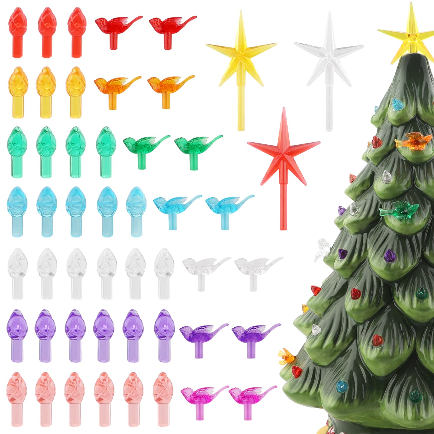 Kootau Colorful Ceramic Christmas Tree Replacement Light Set - 210Pcs Vintage Bulbs, Medium Ornaments, And 3 Topper Stars