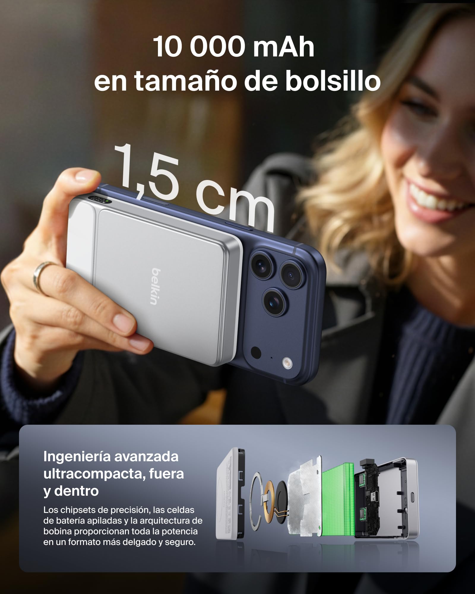 Belkin UltraCharge Batería Externa Magnética 10000 mAh Puerto USB- C Blanco | Power Bank 10000 mAh, Certificación Qi2 25 W, Anillo Magnético, Puerto USB-C, Cable, Autorizada en Aviones, Batería Portátil