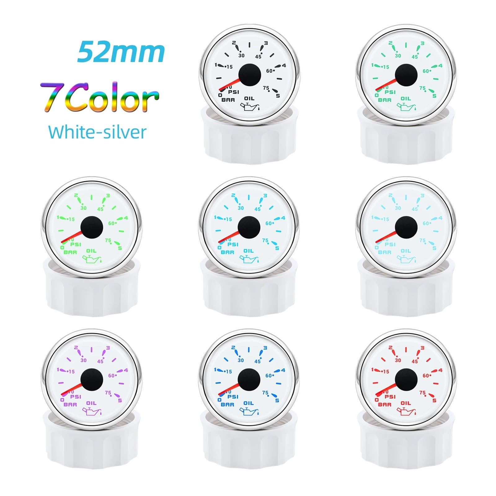 Jauge de pression d'huile + capteur, lumière 7 couleurs 52mm, indicateur de pression d'huile 5Bar/10Bar for voiture Yacht bateau 12V 24V Lectures claires(WS 0-10 Bar)