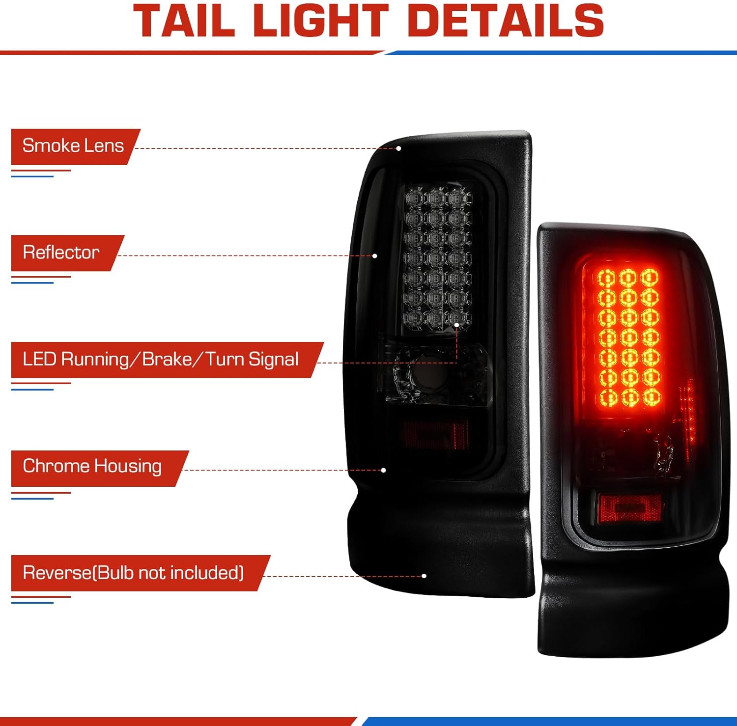 ILONPA 3PCs Led Tail Lights Assembly, Tail Lights Pair+3rd Brake Lamp for 1994-2001 Ram 1500, 1994-2002 Ram 2500 3500, Smoked Lens, Only Fit Factory Incandescent Models