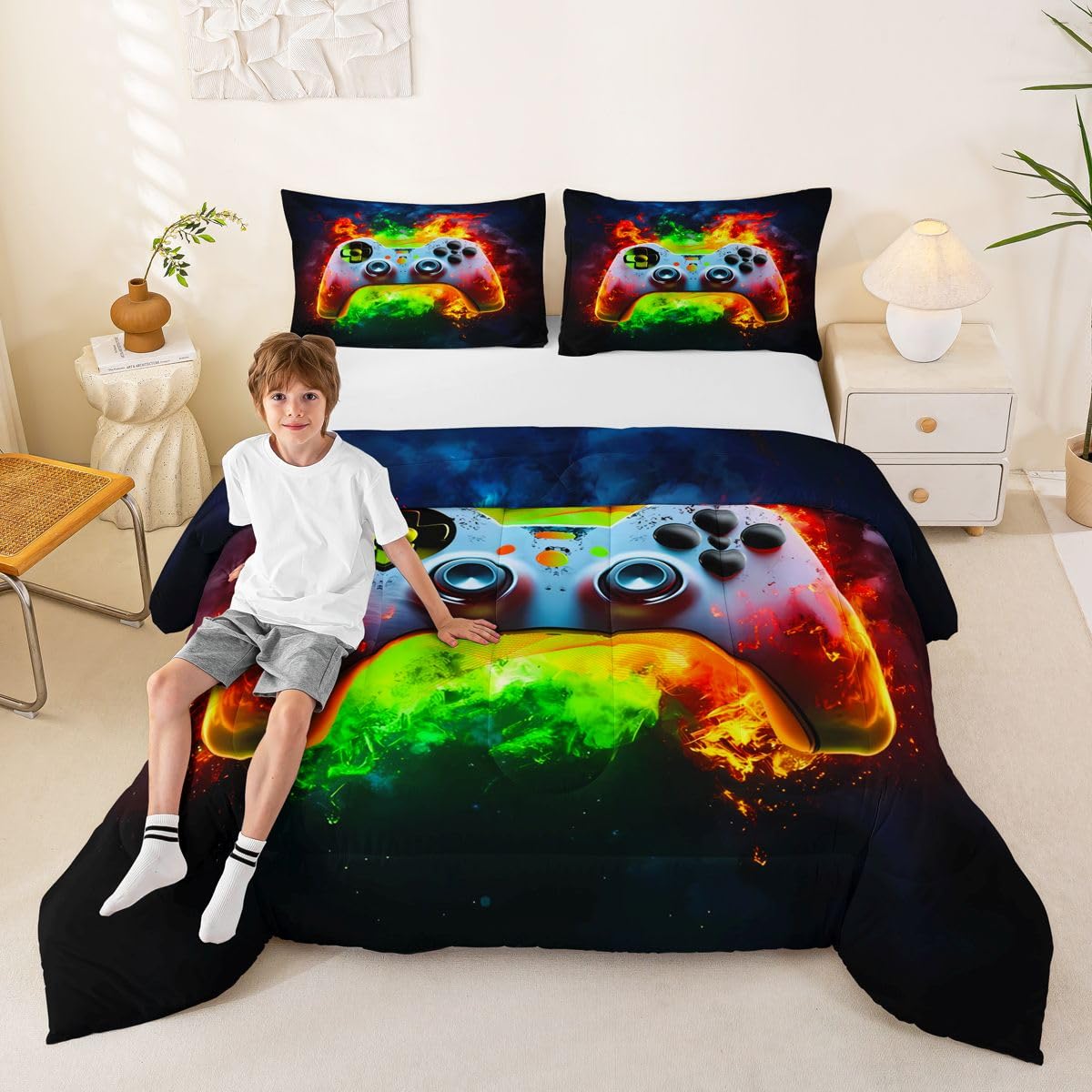 Homemissing Set di biancheria da letto con motivo videogiochi, per bambini e bambine, in microfibra, ultra morbida e traspirante