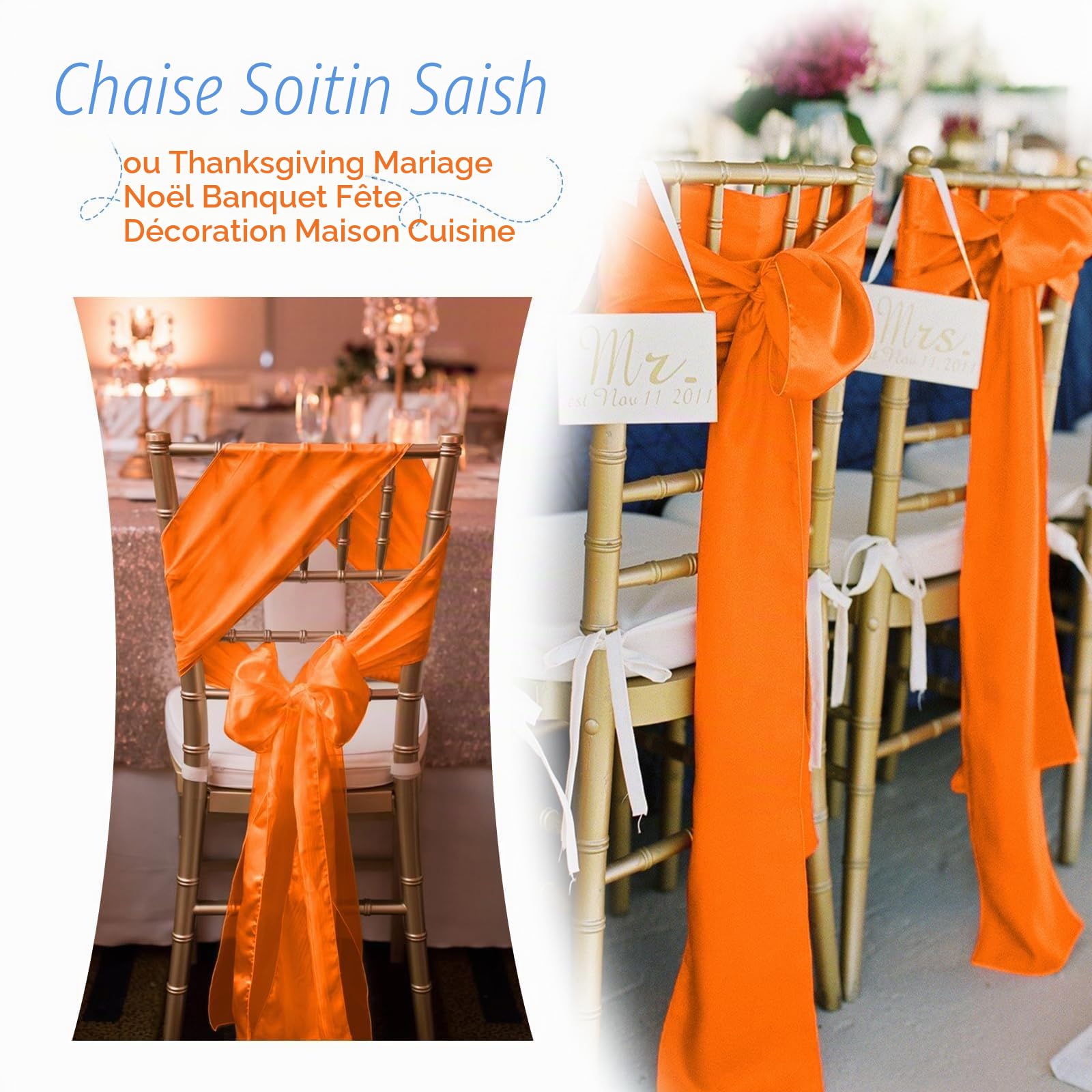 Lot de 60 rubans de chaise en satin orange avec nœuds conçus pour décoration de chaises, Thanksgiving, mariage, Noël, banquet, fête, décoration de la maison et de la cuisine (17,8 x 274,3 cm)