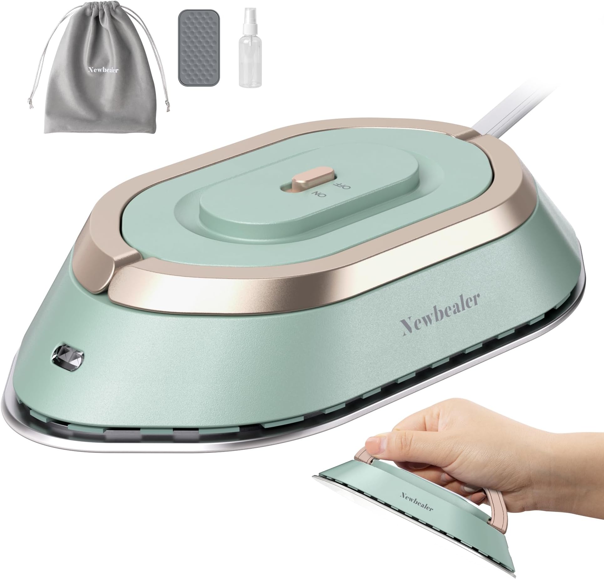 Newbealer Mini Travel Iron with Dual Voltage 220V/120V, Small Iron for Clothes (No Steam), Ceramic Soleplate, 150 °C Heat Press Machine with Spray Bottle, Bag and Silicone Stand, Green