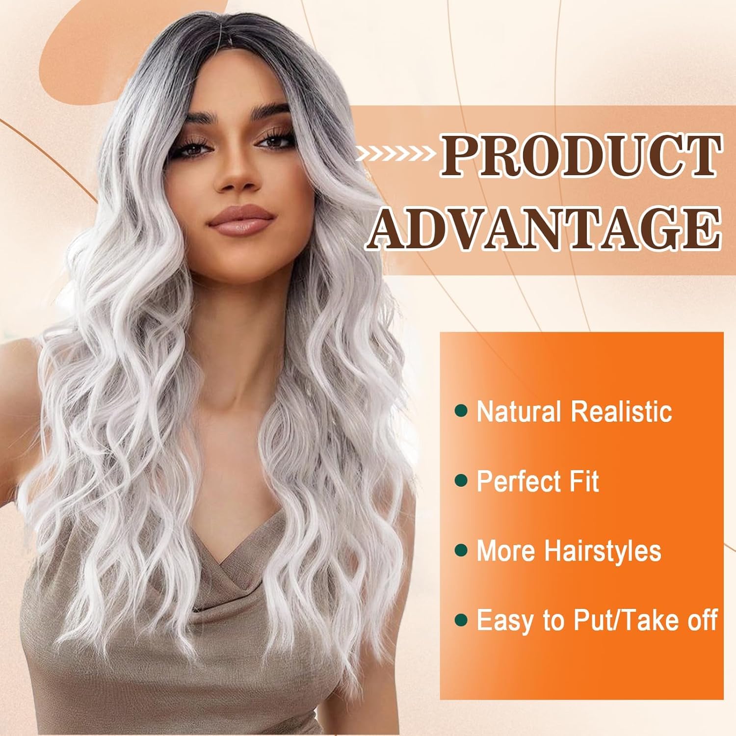 PORSMEER Long Ombre Silver Grey Wavy Curly Wig Middle Part 26 Inch for Women Natural Synthetic Hair Heat Resistant Fiber,Halloween Costume Wigs For Women - Image 4