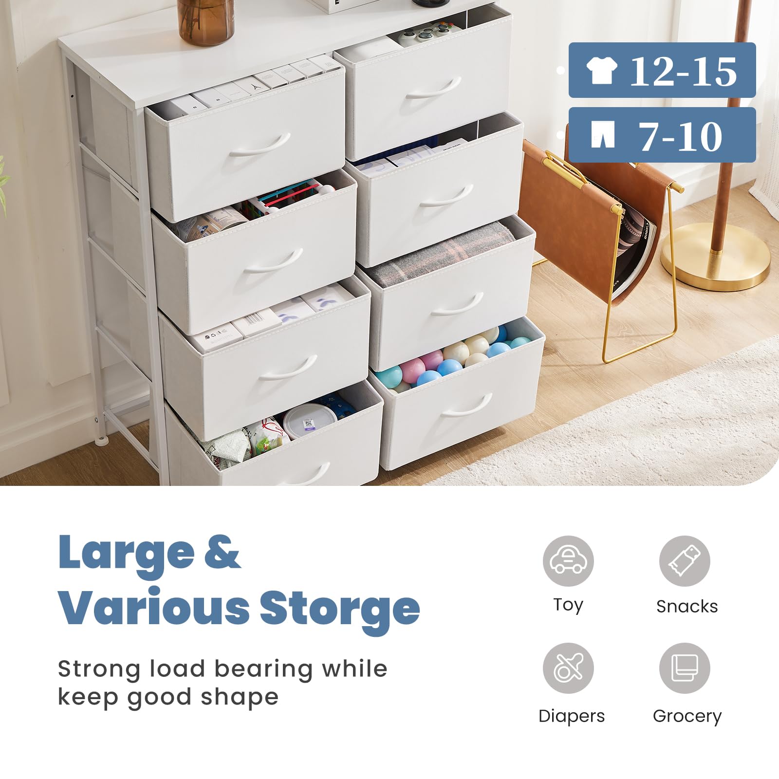 DUMOS Comò per camera da letto con 8 cassetti in tessuto, organizer