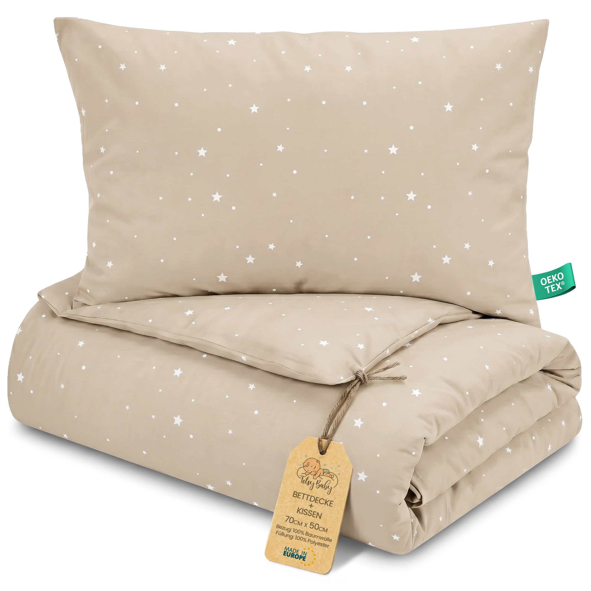 Totsy Baby Duvet Filling Children's Bed Cotton – 50 x 70 cm – Baby Filled Blanket Set 50 x 70 cm with Pillow 40 x 35 cm for Boys and Girls Oeko-Tex Beige with White Stars