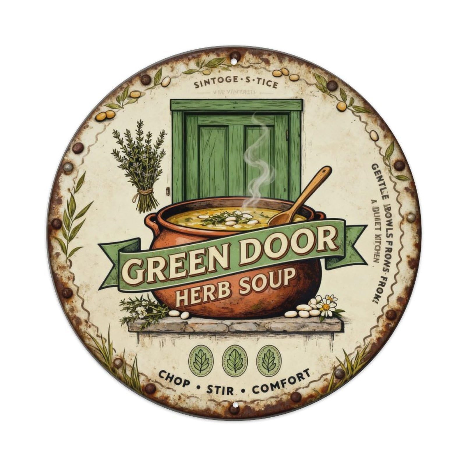Green Door Herb Soup Sign Metal Tin Sign Plaque