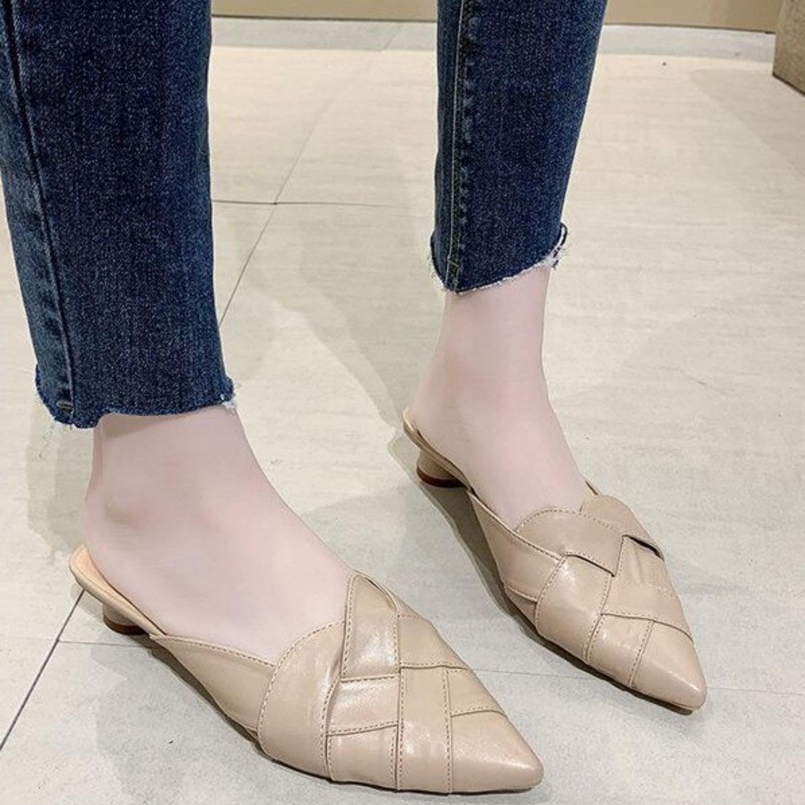 Generico Scarpe Mule da Donna con Punta Appuntita Intrecciata | Sandali Estivi Con Mini Tacco A Blocco, Scivolare Su Sandali A Ciabatta Senza Retro