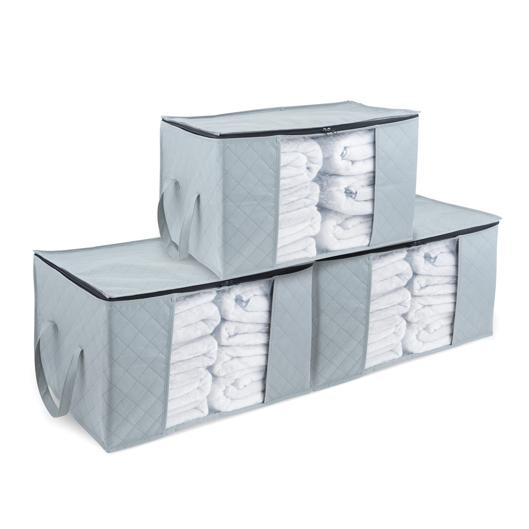 LIVIVO Pack of 3 (84L) Fabric Storage Bag Organiser with Sturdy Zip for Duvets Blankets, Bedding, Clothes, Towels, Toys, Clear Window and Handles