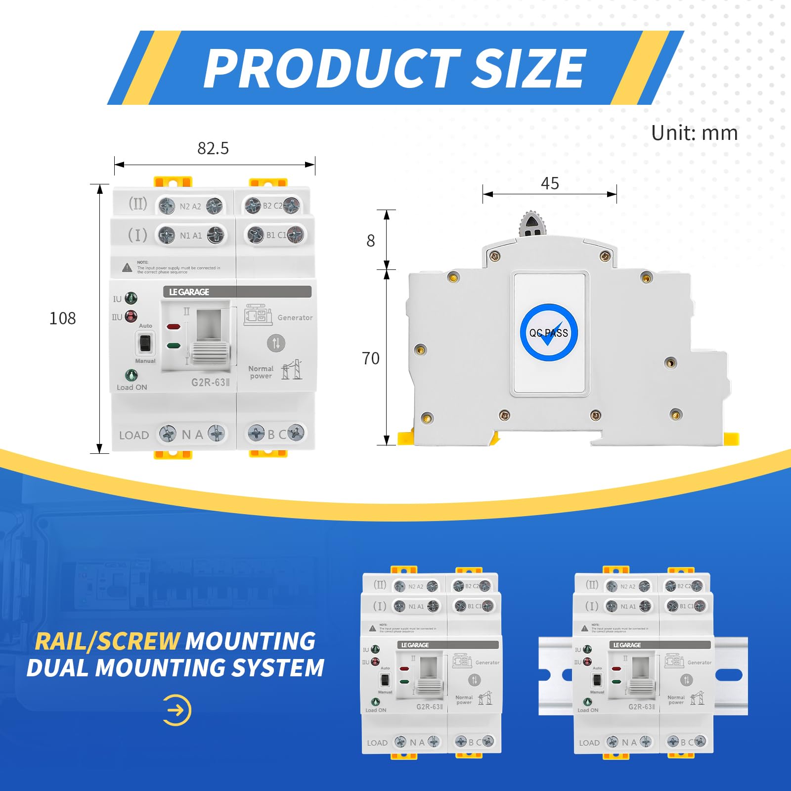 Interruptor de Transferencia Automática 4P 63A - ATS Doble Potencia 220V - Conmutador Ininterrumpido – Selector Eléctrico - Cambio Automático Red-Generador - Protección Hogar e Industria