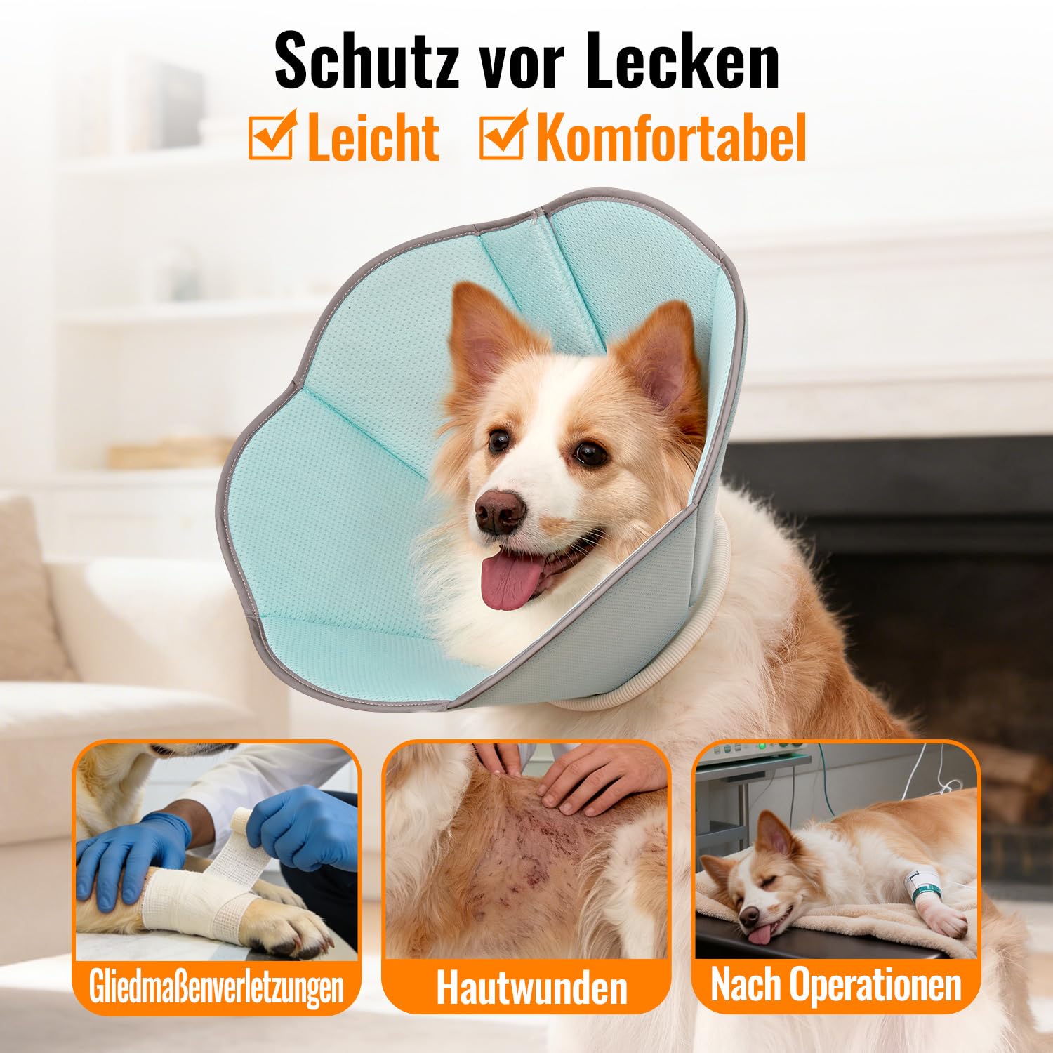 GGW Weiche Halskrause Hund verstellbar atmungsaktiv (Dunkelblau, M) | Bequemer Leckchutz-Schutzkragen für Hunde. Ideal für postoperative Pflege oder Hautjucken. Verstellbarer Halsumfang.
