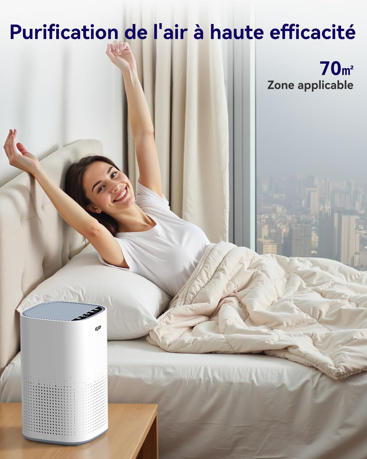 Purificateur d'air pour grande chambre à coucher jusqu'à 70 m² avec CADR 223 m³/h, purificateur d'air HEPA H13 silencieux avec mode nuit à 15 dB, filtre 3 en 1 éliminant 99,97% des particules fines.
