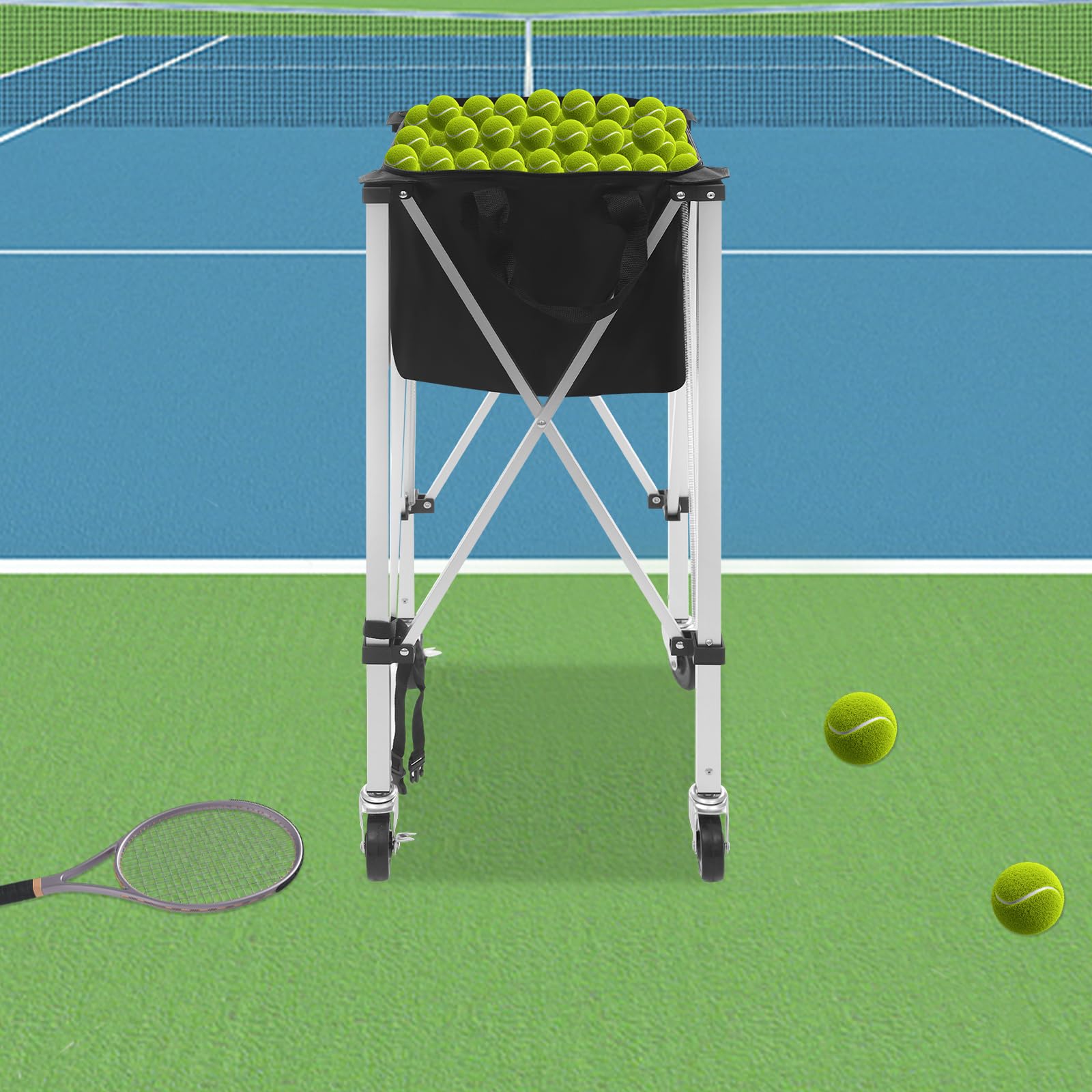 Chariot à balles de tennis pliable, panier à balles de tennis léger avec roues, chariot de balle portable en aluminium, chariot pour balle de tennis, baseball