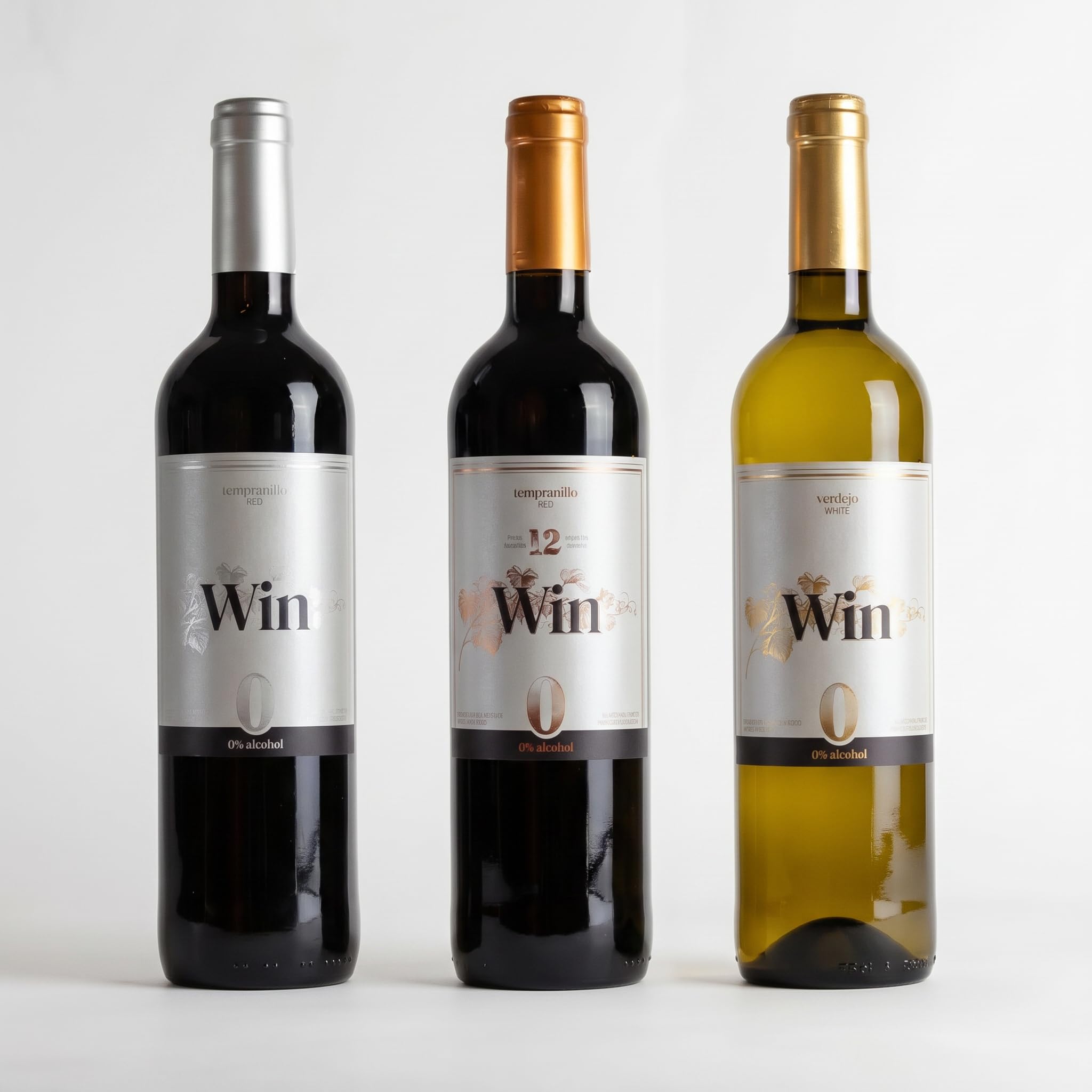 WIN Pack Mixto Sin Alcohol Verdejo y Tempranillo 3x75 cl | 0,0% Vol. · Doble fermentación · 1 Verdejo + 1 Tempranillo + 1 Tempranillo 12 Meses · Ideal para descubrir la gama