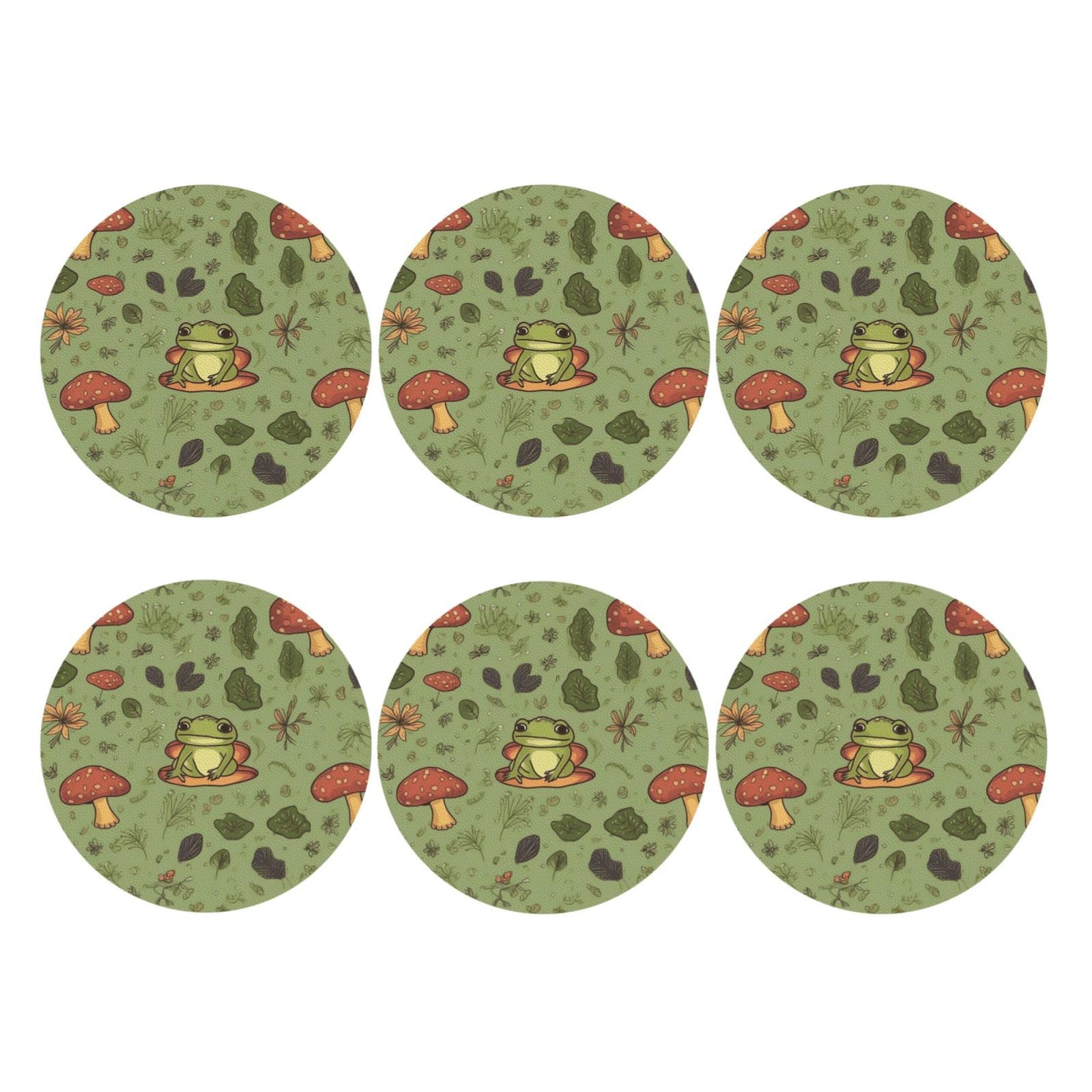 6pcs Leather Coasters for Drinks, Frogs and Mushrooms Drink Coasters for Tabletop Protection, 4" Cup Coasters for Coffee Table Decor, Non-Slip Drinking Cup Mat for Hot Or Cold Drink