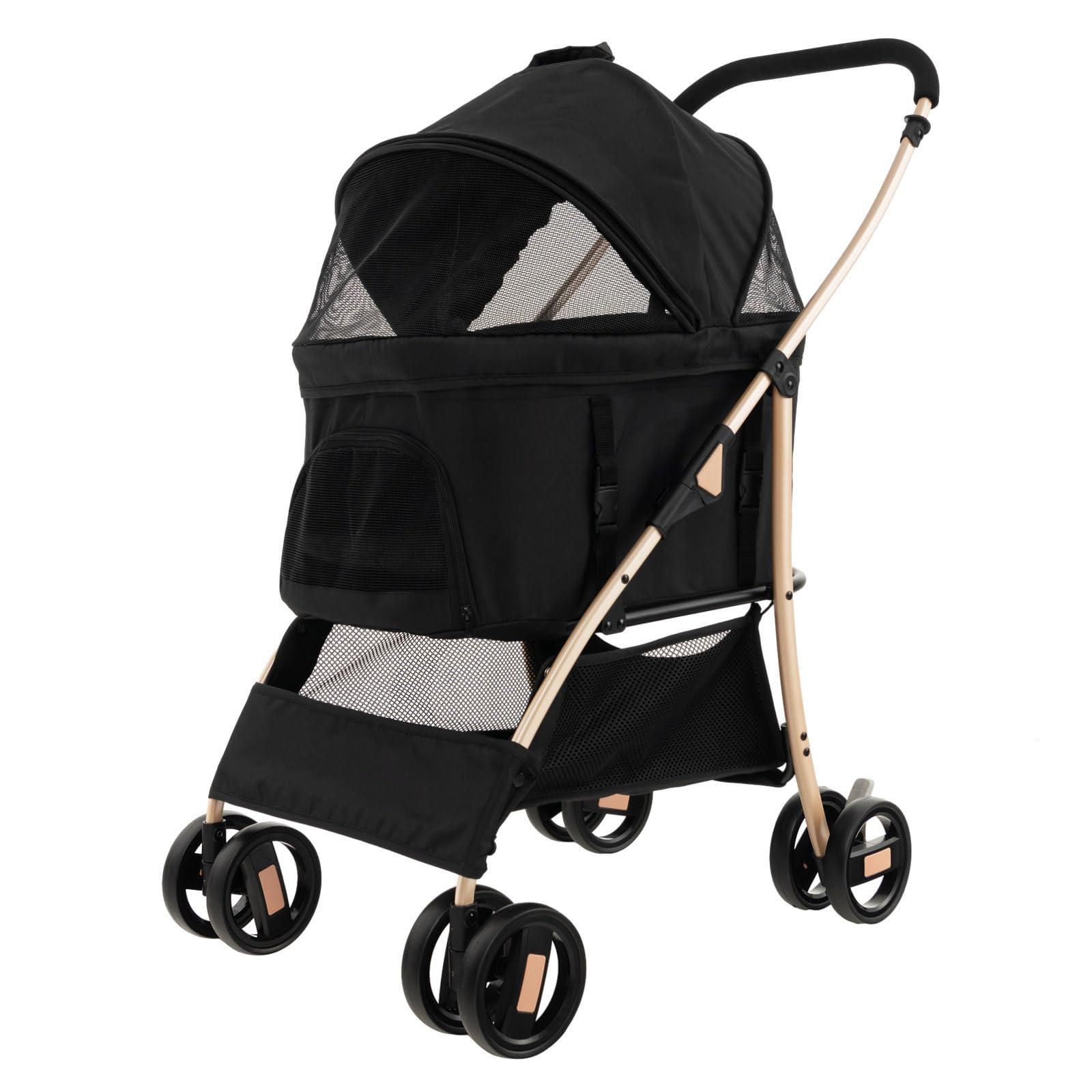 Maxmass Pet Stroller, Folding Dogs Travel Carrier with Wheels, Brake, 4-Level Adjustable Canopy & Storage Basket, Pet Travel Carriage for Small & Medium Sized Dogs Cats (Black+Gold)