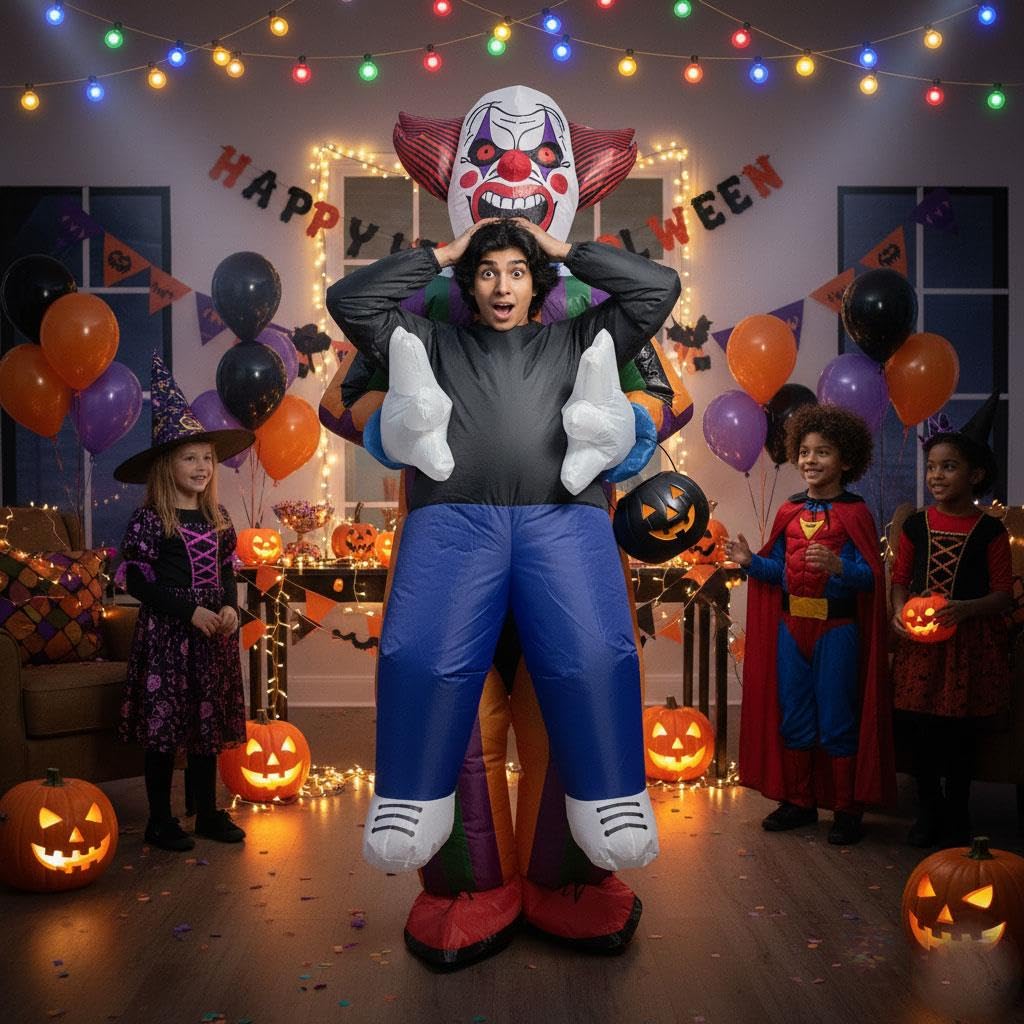 A2Z 4 Kids Nadmuchiwany kostium klauna na Halloween, zabawny, fantazyjny strój, cyrkowy, wielokolorowy, wysadzany kostiumem na Halloween, imprezy, imprezy szkolne i cosplay, dla dzieci, jeden rozmiar