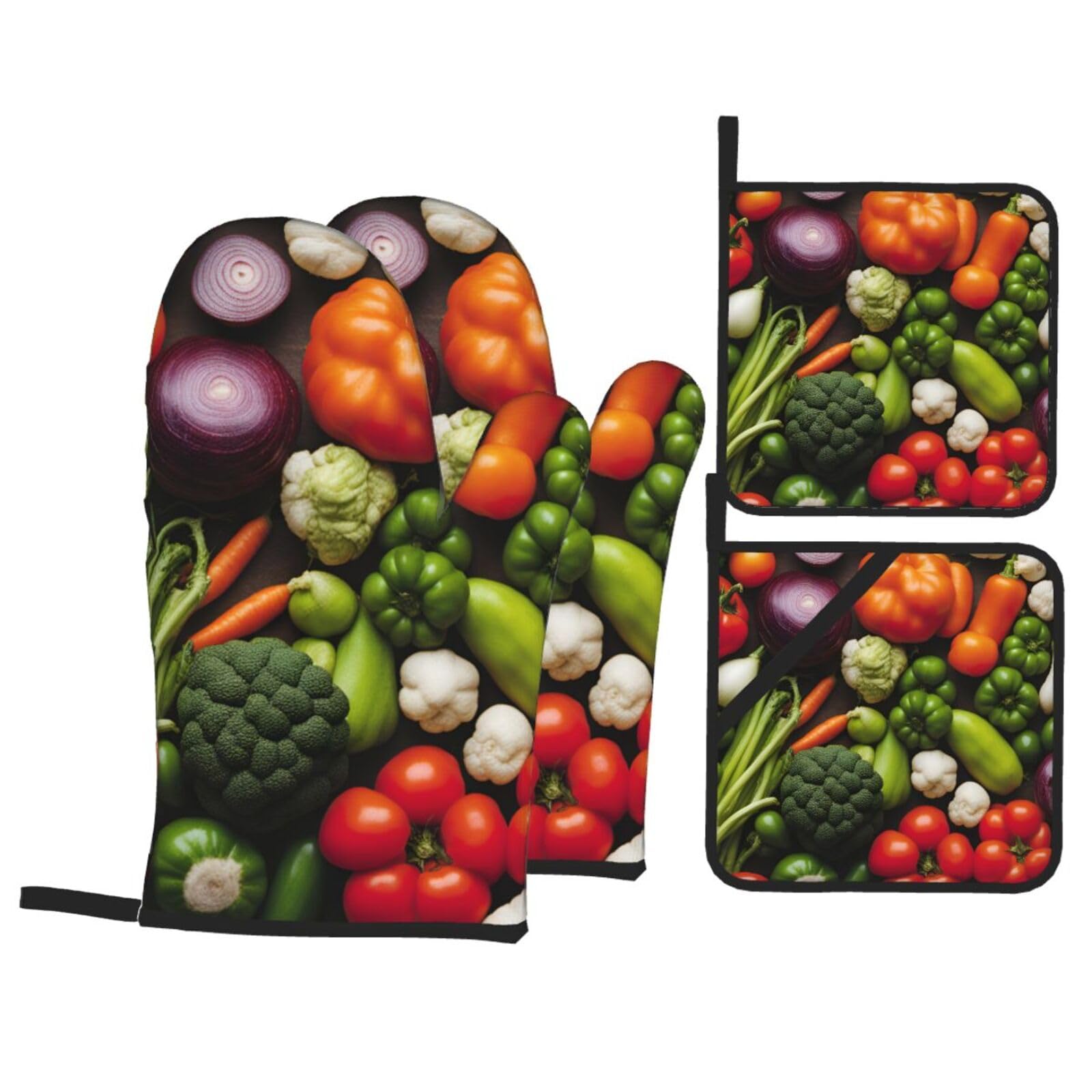 Introduction of various vegetables Print 4-Piece Oven Microwaving Set Waterproof Kitchen Gloves for Baking Grilling Cooking