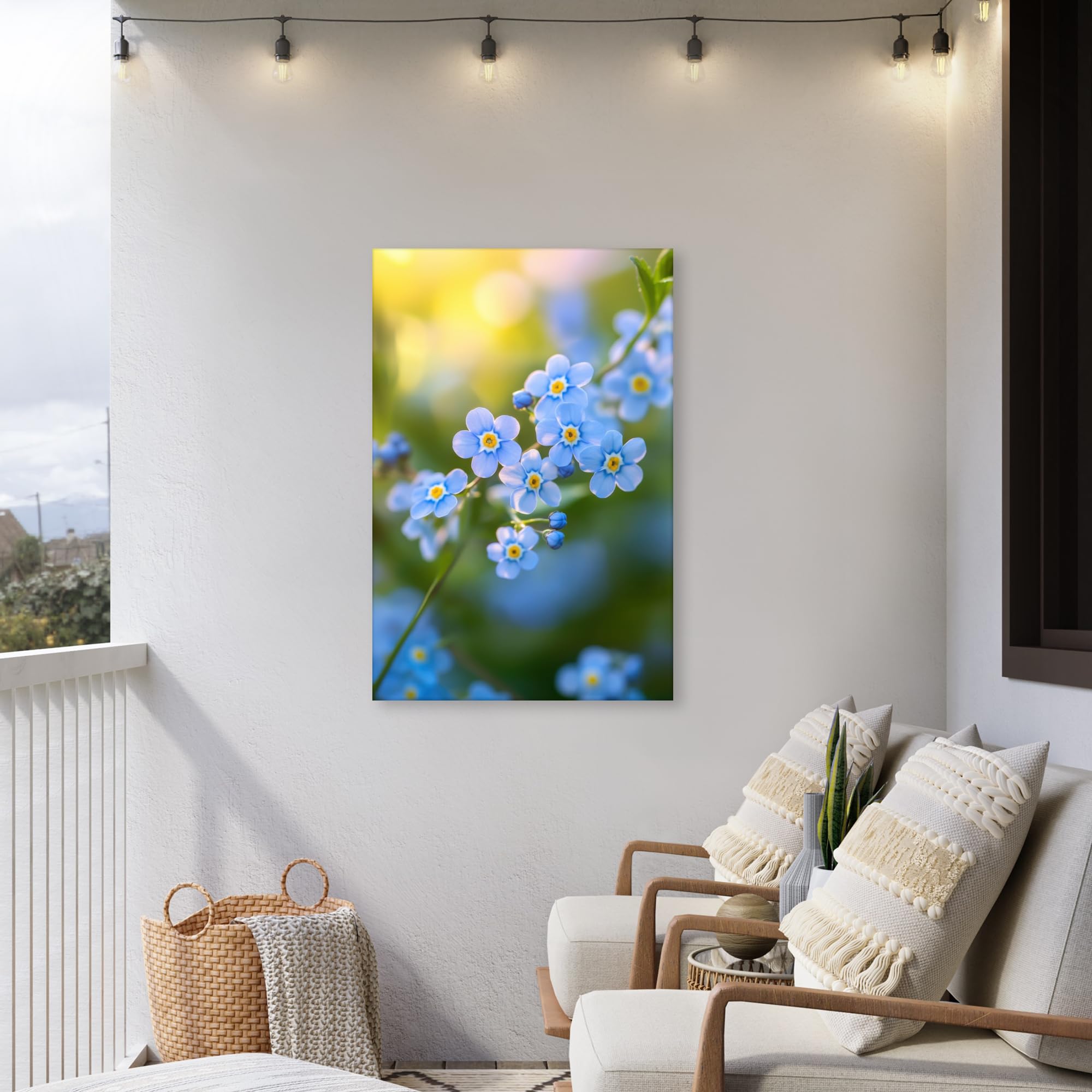 Gartenbild 80x120 cm Outdoor Deko Garten Leinwand Modern Wandbild Wetterfest Kunstdruck Terrasse Geschenke Draußen Blumen - Blau - Vergissmeinnicht