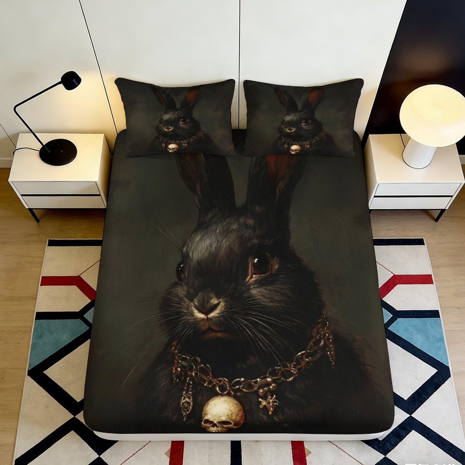 Kzqnxhjprl Style-7 3D Printed Black Rabbit Fitted Sheet Microfiber Soft Art Animal Portrait Bed Cover For Bedroom Dorm Mattress Decor 90X200x25cm