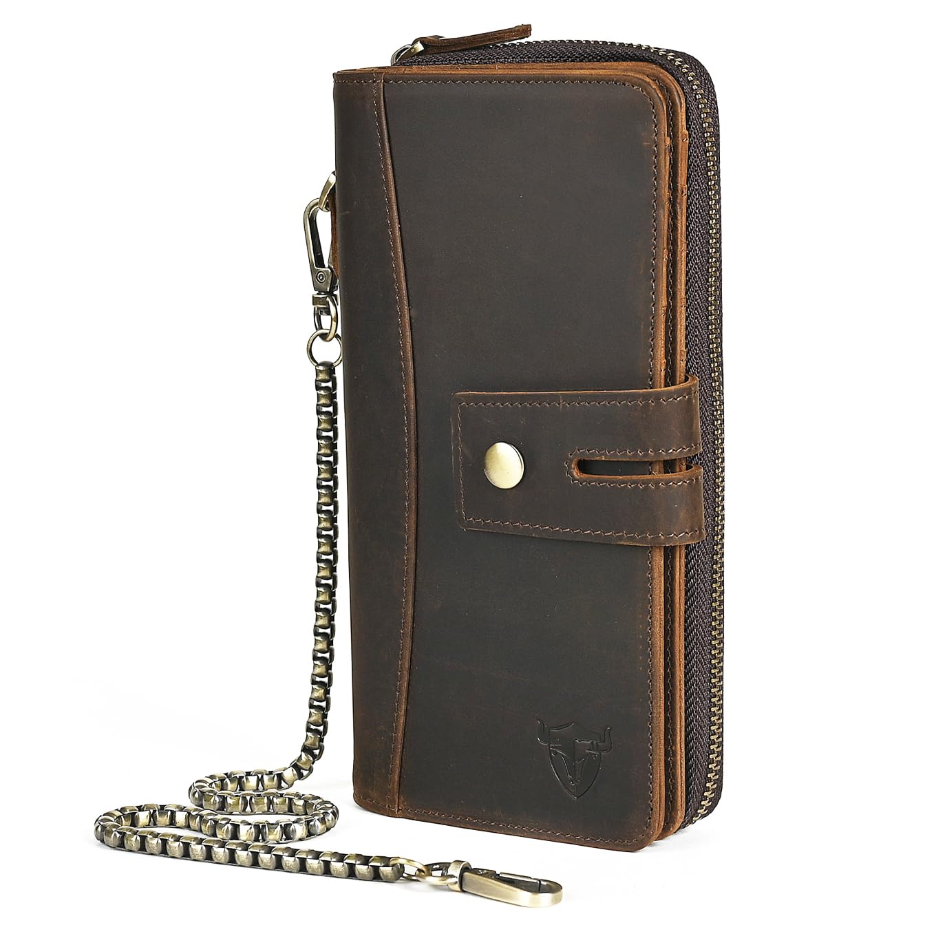 Handadsume Echtleder Crazy Horse Leder Reisen Geschenk Münztasche Kartenetui Lang Organizer Brieftasche Kette RFID Geldbörse mit Snap für Männer männlich 1803 (1814 Braun)