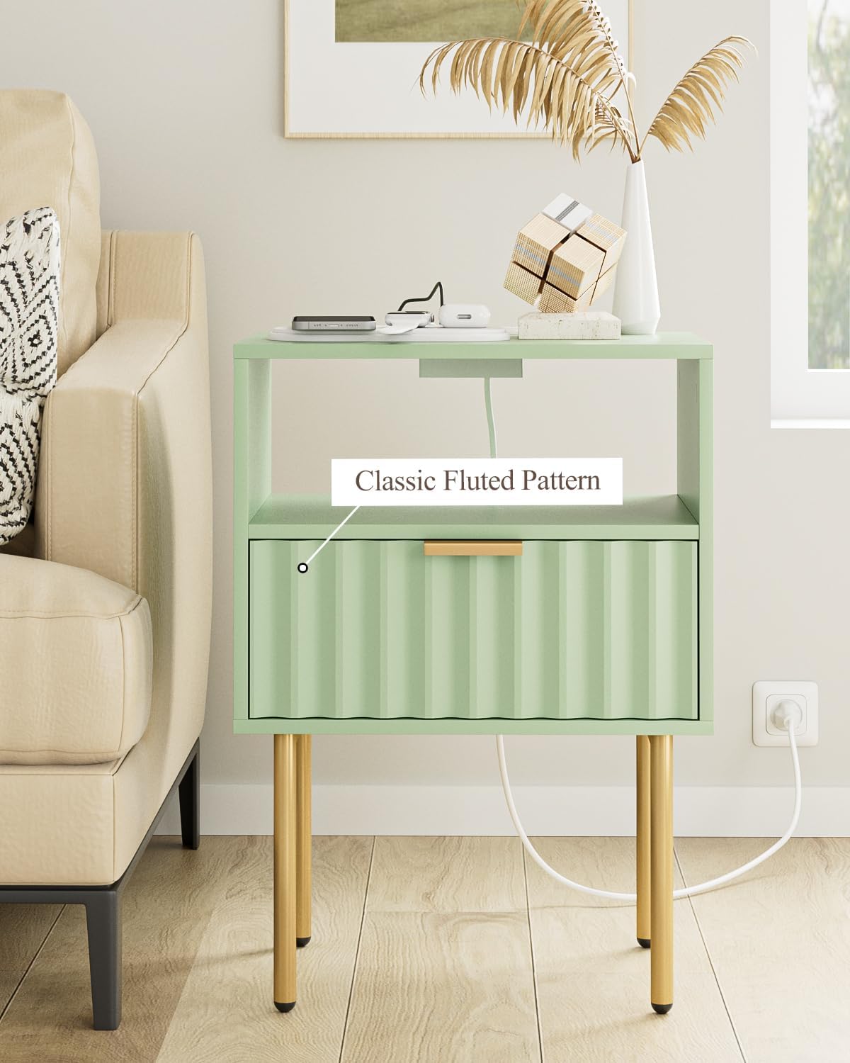 Masupu Nightstand with Charging Station,Mid-Century Modern Bedside Table with Storage Drawer and Open Wood Shelf,Small Gold Frame Side Table for Bedroom,Living Room (Green Fluted)