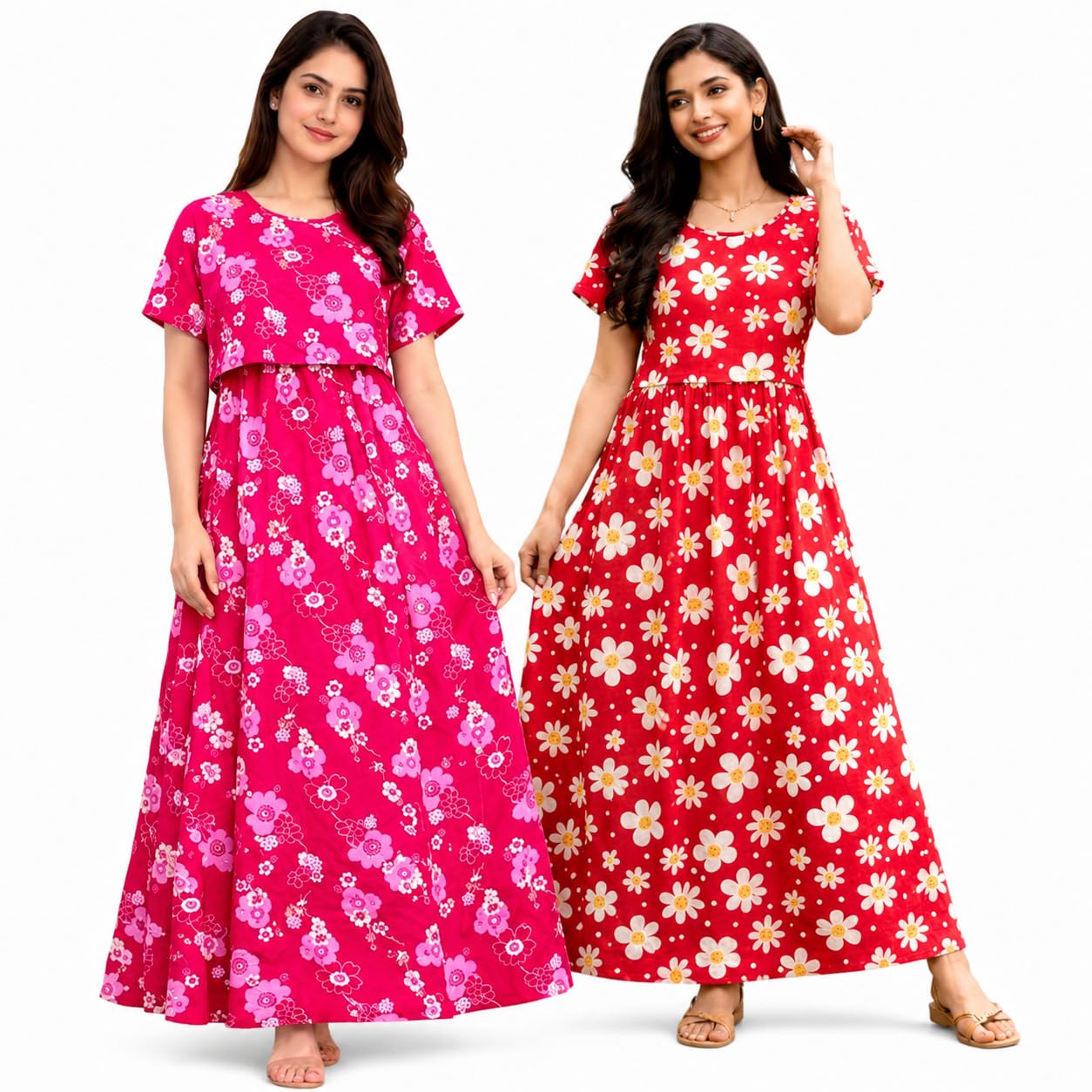 RENIS.Store Women's 100% Cotton Zipless Feeding Maternity Nighty Pack of 2 | Pull Up Nursing Night Dress | Soft Pregnancy & Feeding Wear | Pink Flower & RED Flower | Size-L-image-37