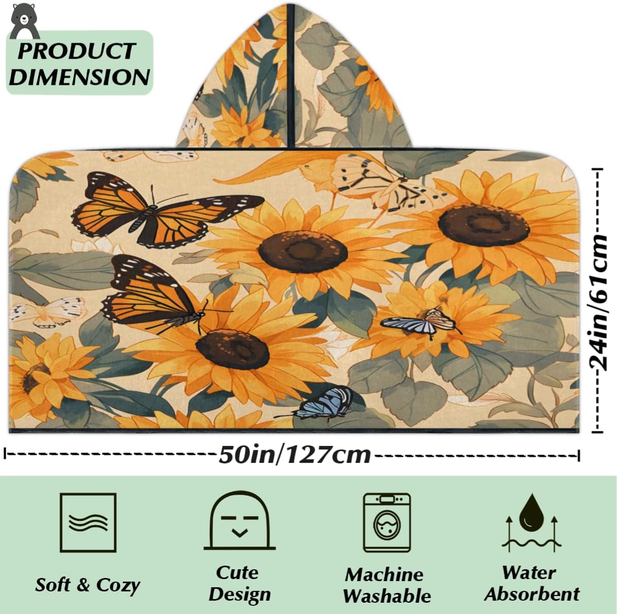 Pardick Kids Bath Towel Flower Sunflower Butterfly Beach Towel with Hood Pool Cover Up for Girls Boys Soft Absorbent Hooded Bath Towel Toddler Towels for Beach, Pool