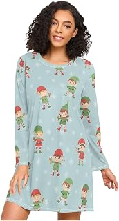 Womens Nightgown Long Sleeve Sleepshirts Christmas Elf Pattern Comfy Sleep Dress Nightgowns