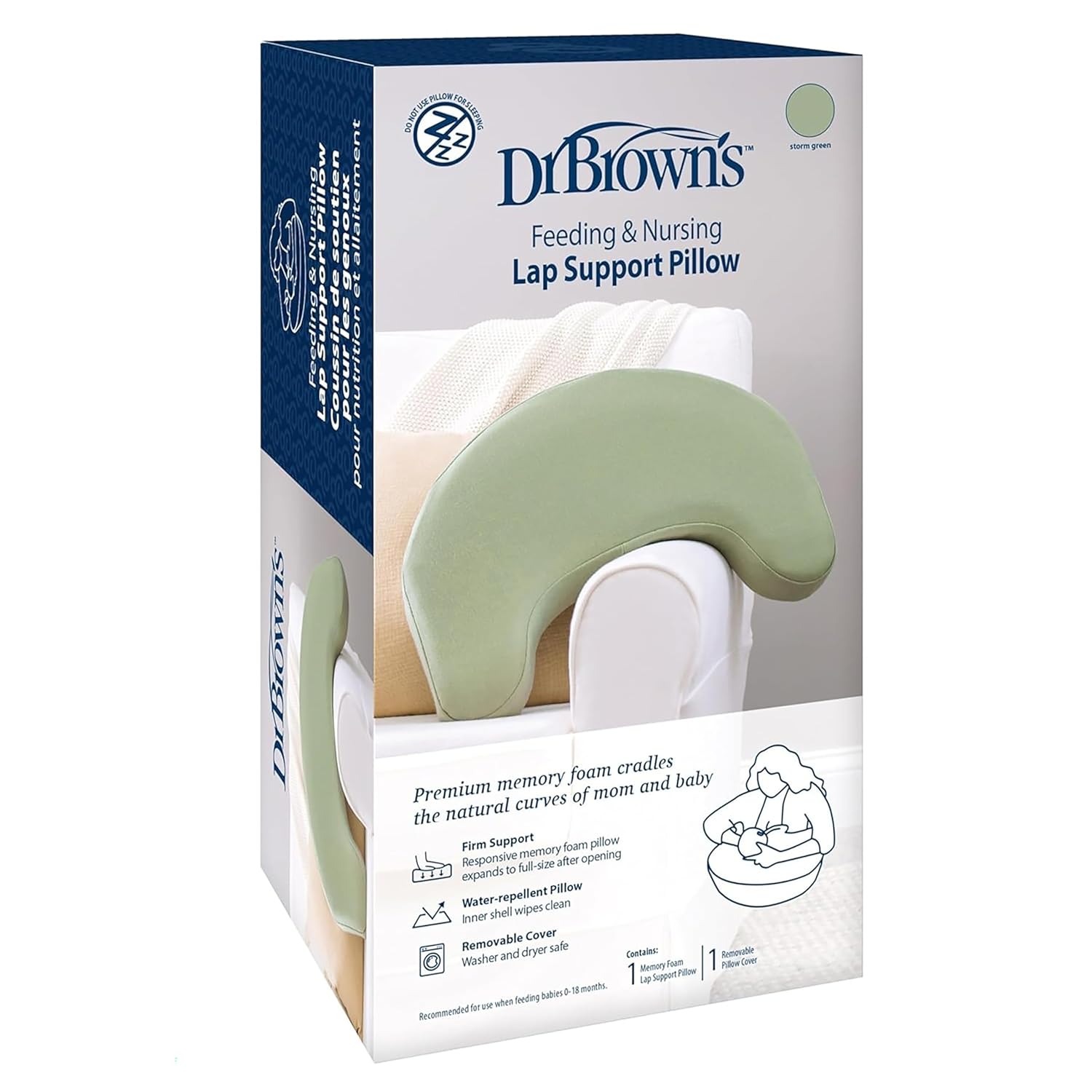 Dr. Brown's Nursing Pillow with Washable Cover, Breastfeeding Lap Support Pillow, Premium Memory Foam, Firm and Responsive, Storm Green + Beige Cover