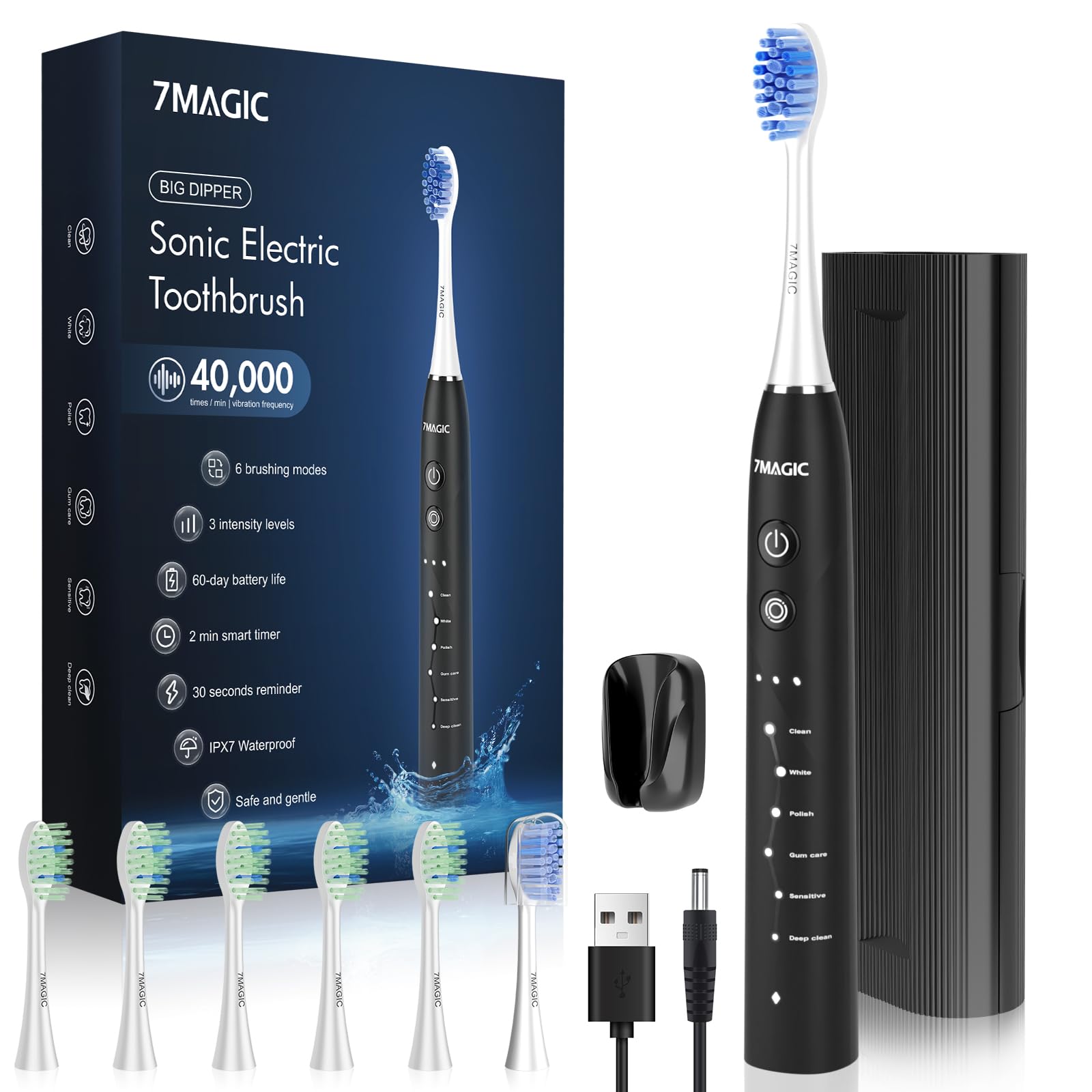 Cepillo de dientes eléctrico, cepillo de dientes sónico, cepillo de dientes eléctrico con 6 modos, 3 intensidades, 40000 VPM, IPX7, cepillo de dientes con batería de 90 días y temporizador, cepillo de