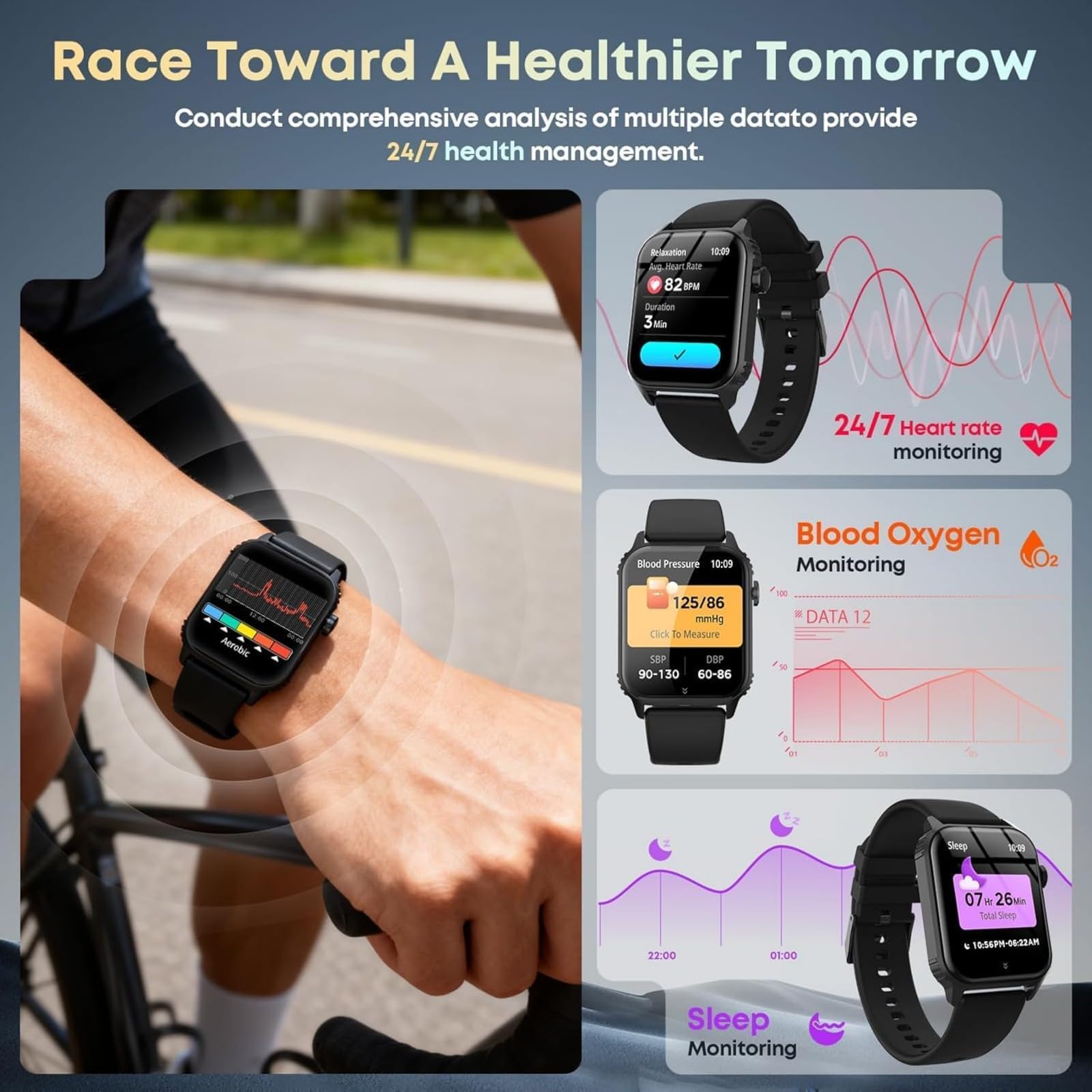 TRAUSI Smart Watches for Women Men, 1.83 inches HD Smartwatch with 120 Sports Modes, Heart Rate/Sleep Monitor, IP67 Waterproof, Bluetooth Call & Music Control for iPhone/Android (Glossy black) — view 3