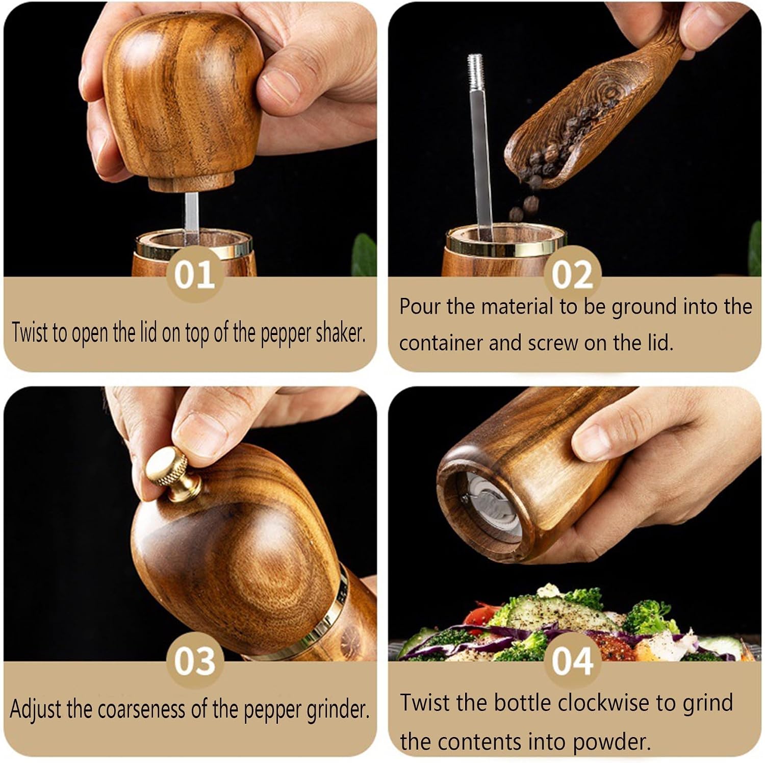 8 Inch Manual Salt and Pepper Grinder Set, 2 Packs Acacia Wood Salt & Pepper Mills, Refillable Wood Spice Shakers Mill with Adjustable Ceramic, for Home Kitchen Gifting,Wood color,B