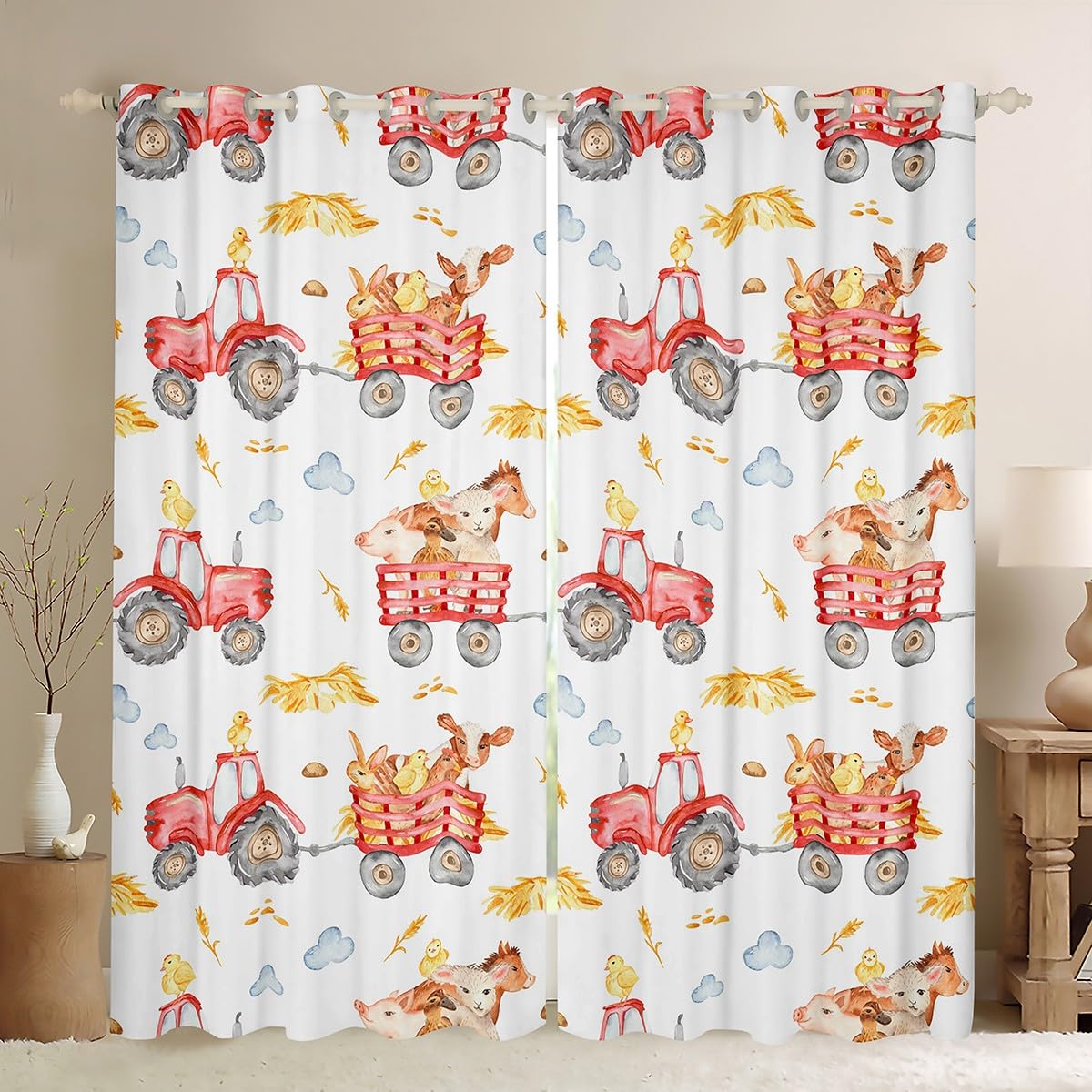 Farm Truck Blackout Curtains for Kids Boys Girls Red Watercolor Tractor Curtains Farmhouse Animal Curtains & Drapes Cartoon Horse Pig Living Room Curtains Chicken Rabbit Sheep Window Curtains