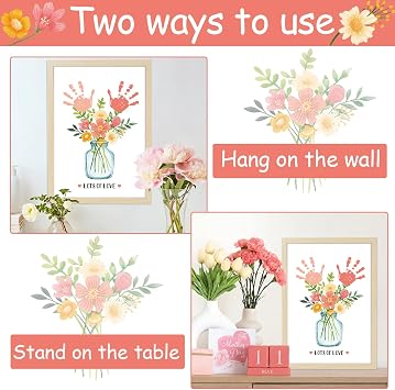 QOUBAI Flower Bouquet Vase Handprint Gifts Craft DIY Kit Mother's Day Craft Art from Daughter or Son Handprint Keepsake for Mom Grandma Birthday Gifts Christmas (12X16in, with Wood Frame)