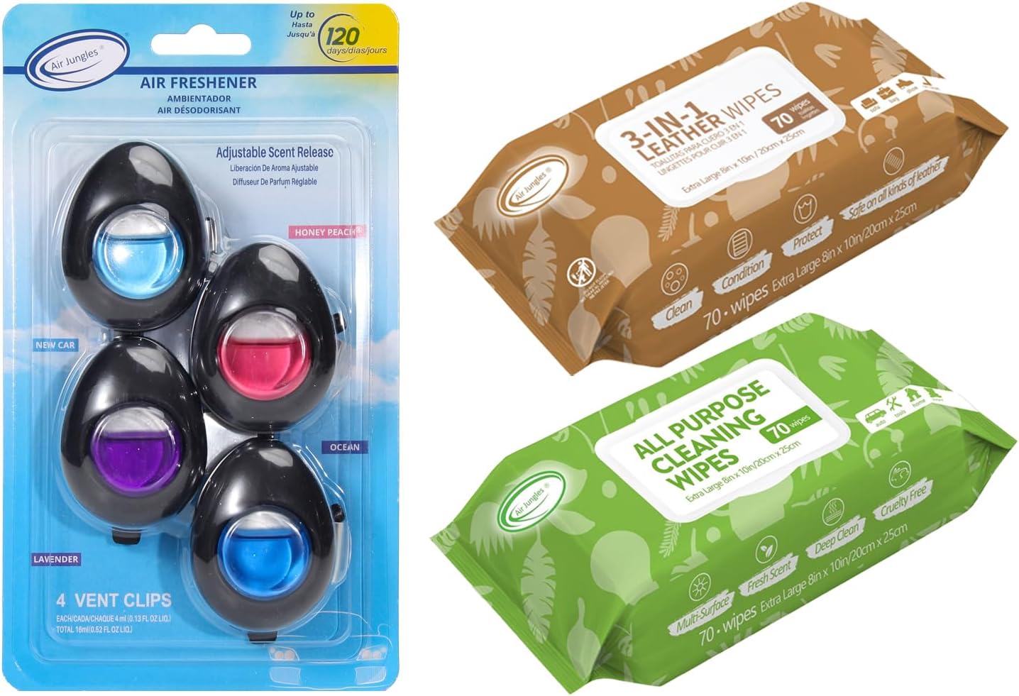 Air Jungles Car Air Freshener Vent Clip Variety Pack (4 Count, New Car, Honey Peach, Lavender, Ocean), Leather Cleaner Wipes 70 Count & All Purpose Cleaning Wipes 70 Count