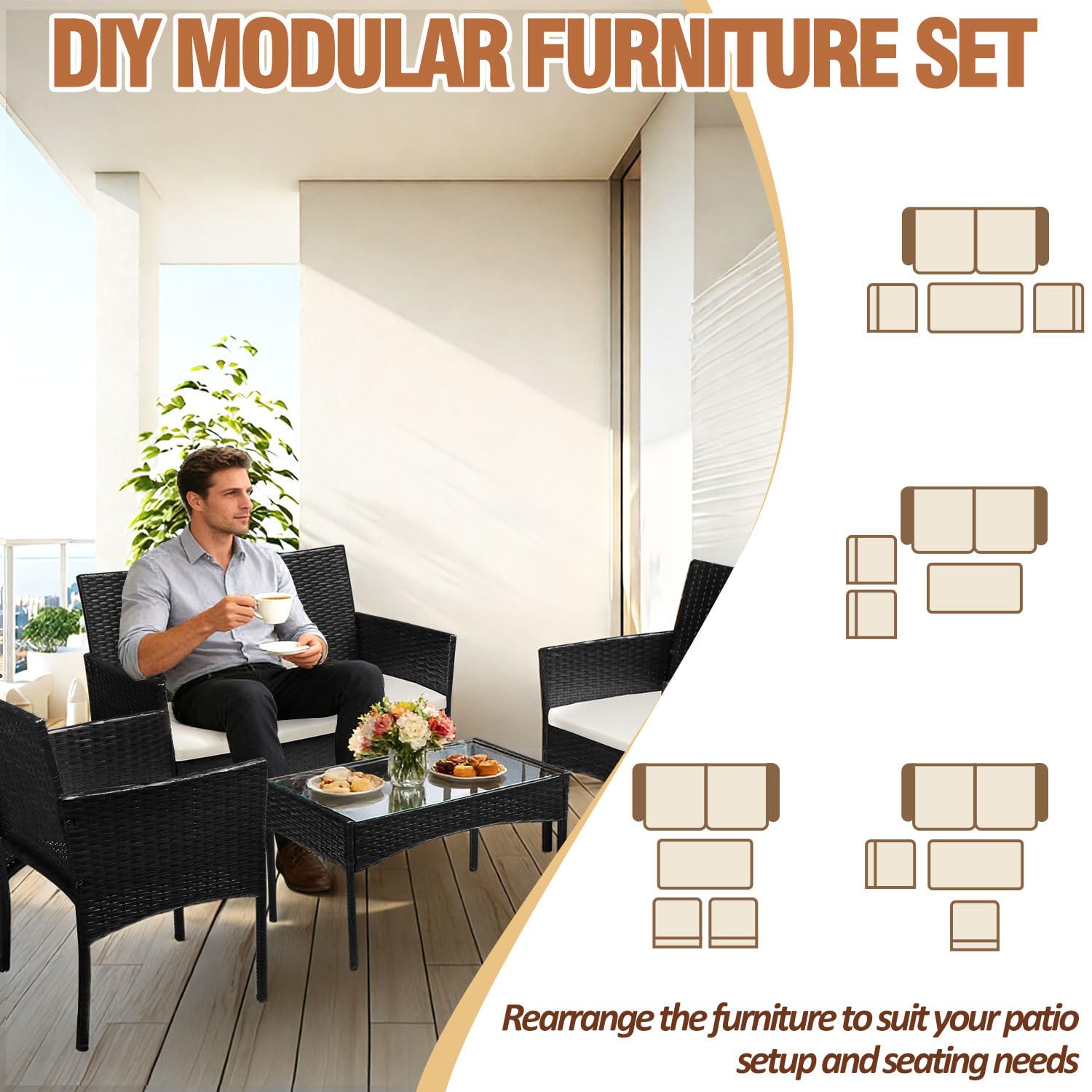 Set di mobili da giardino in rattan sintetico, 4 pezzi, con tavolo in vetro, 2 poltrone e panca a 2 posti, con cuscini da 5 cm, per balcone, terrazza, giardino, colore nero