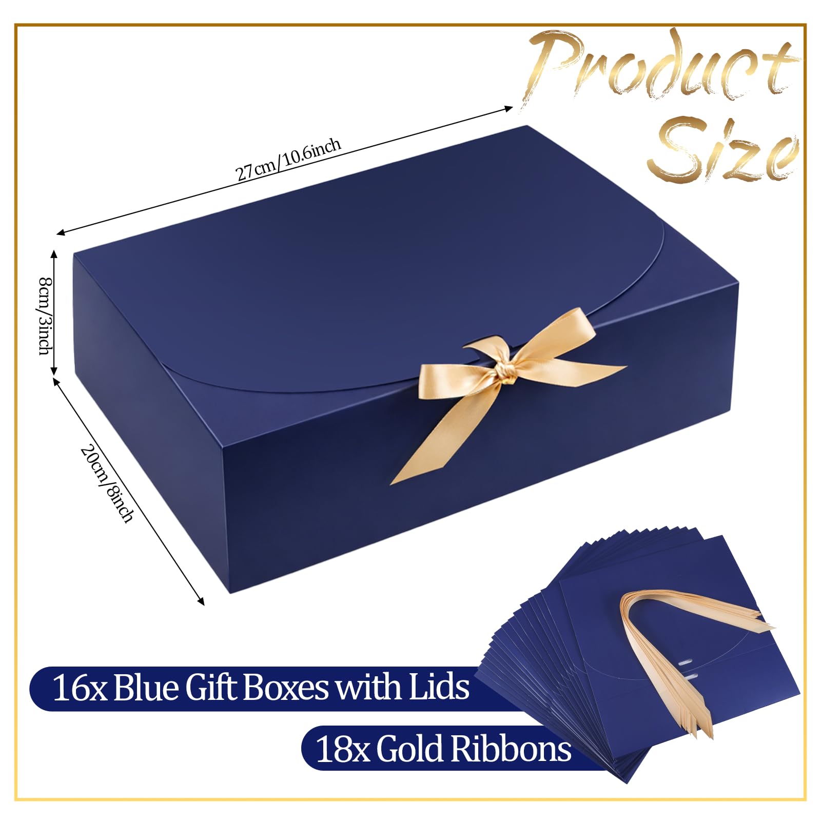 Yuanan 16 Pack Gift Box with Lid, 10.6×8×3 Inch Blue Gift Box Bulk Kraft Paper Unfold Bridesmaid Boxes with Gold Ribbon Boxes for Presents Square for Birthdays, Weddings, Graduation and Holidays