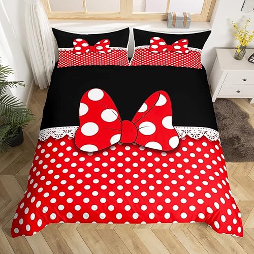 Juego de funda de edredón con lazo, tamaño Queen, juego de ropa de cama de puntos blancos de 3 piezas para niños, adolescentes, niñas, niños,