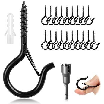 Black Screw Hooks Pack of 20 Screw Hooks Carbon Steel with Fuse Ceiling Hooks Wall Hooks with Metal Sleeve for Indoor & Outdoor Hanging Plants Art Keys Christmas Decoration
