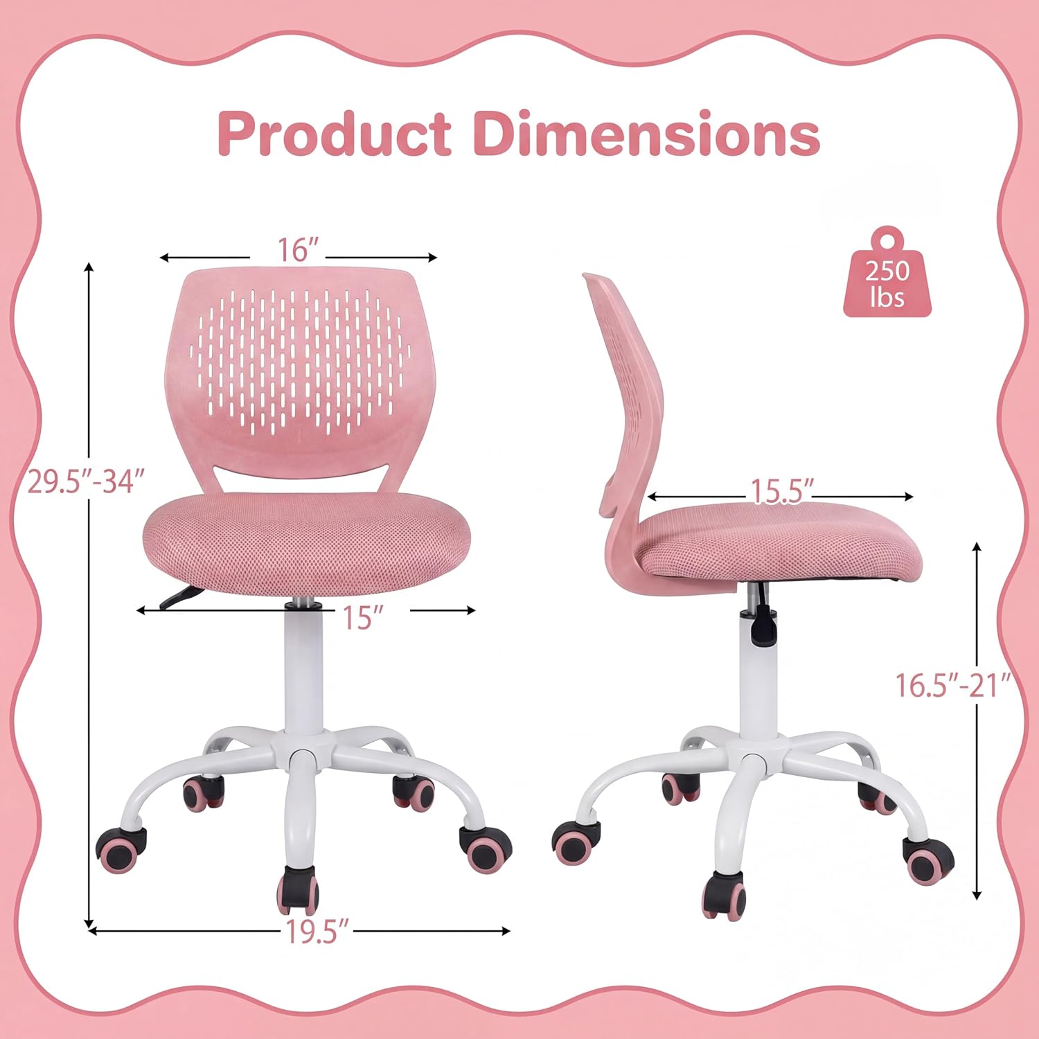 Costzon Kids Desk Chair, Armless Height Adjustable Kids Computer Chair w/Elastic Sponge Filling, Ergonomic Backrest & Stable 5-Point Wheels, Children Rolling Swivel Chair for Studyroom (Pink)