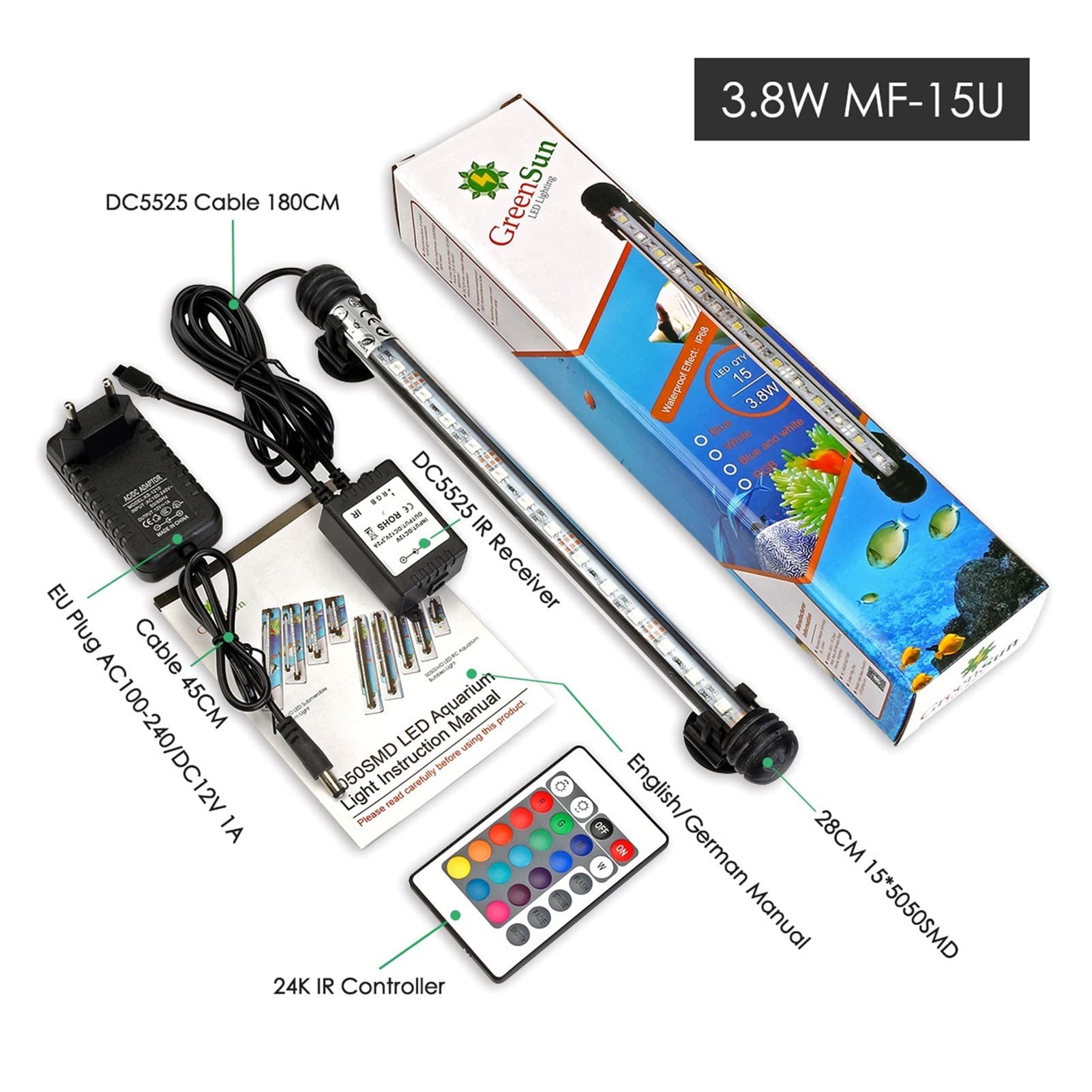 Luz de Acuario remota Tanque de Peces a Prueba de Agua 5050 SMD Barra de luz LED Lámpara acuática Sumergible 18-48CM (Color : US -38CM)