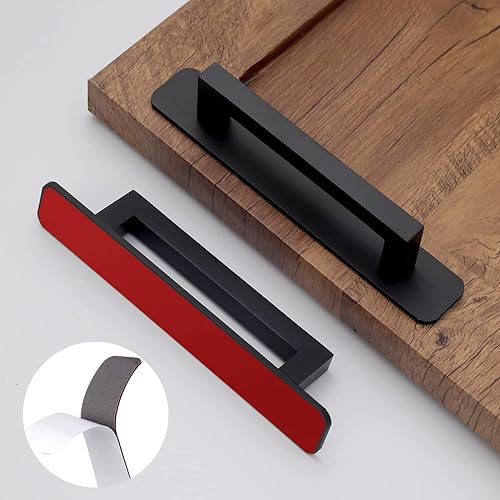 Miniatura 6 de Paquete de 2 manijas planas autoadhesivas de 5 pulgadas de 5.039 in, color negro mate, con placa base, tiradores de gabinete de aluminio para