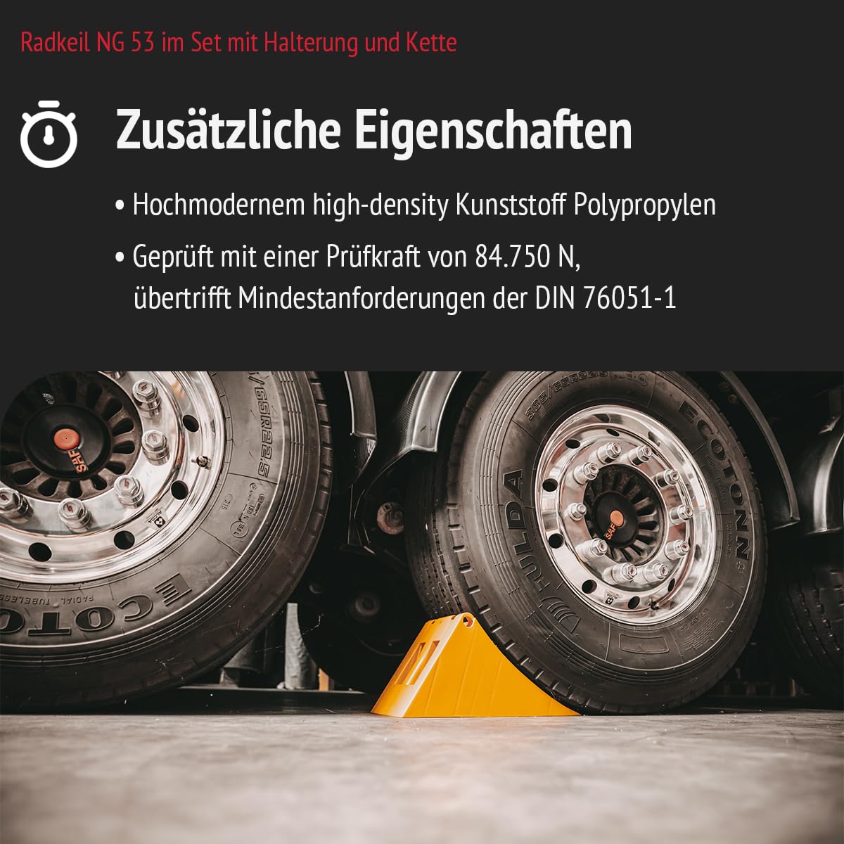 Radkeil LKW Hemmschuh Unterlegkeil mit Halterung und Kette NG 53 Kunststoff gelb
