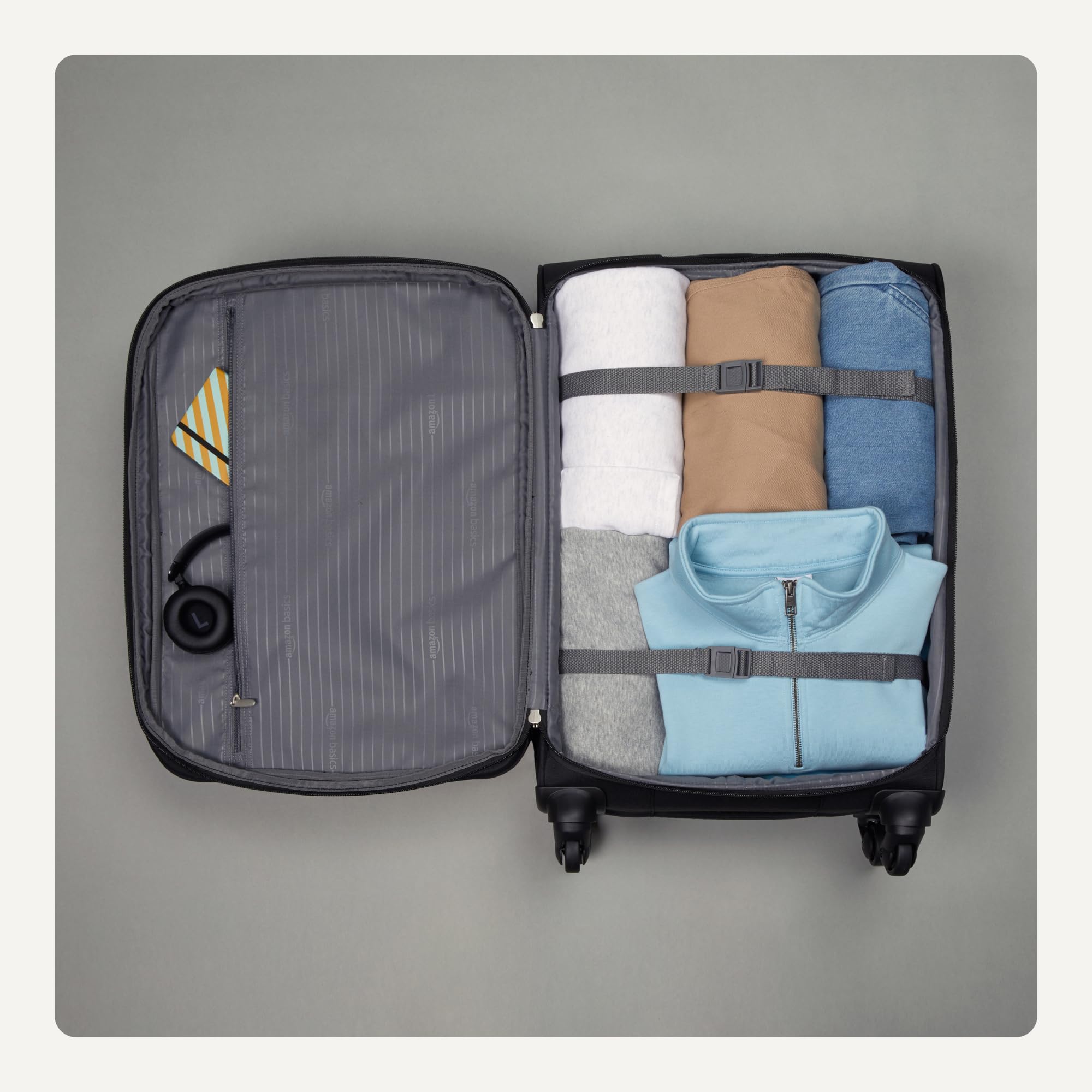 Amazon Basics Luggage, 23" Medium Checked Softside Suitcase With Wheels, With Four 360-Degree Multi-directional Spinner Wheels, Expandable Space, Zippered Pocket and Straps, Telescopic Handle, Black