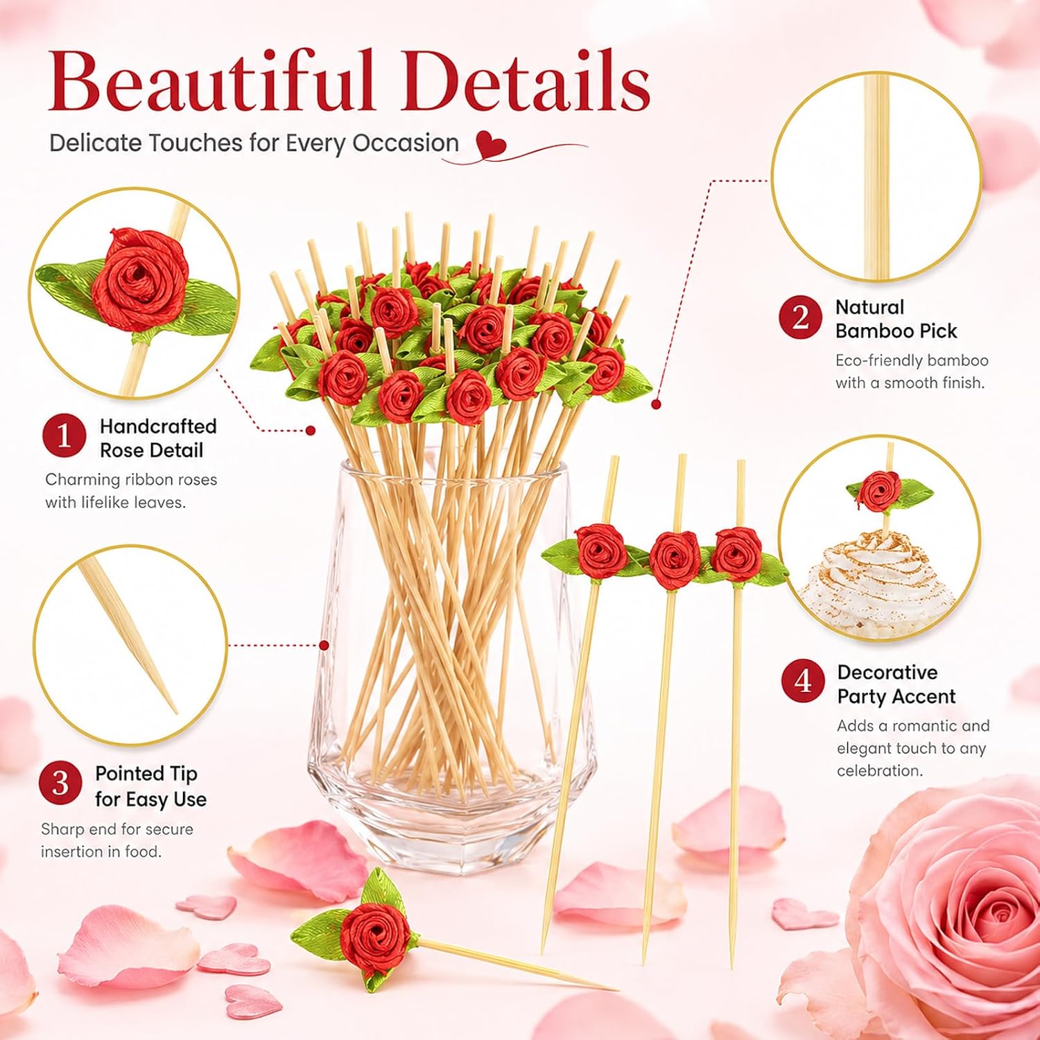 100pcs Red Rose Flower Cocktail Picks 4.7 Inch, Valentine Decorations Toothpicks for Appetizers Bamboo Fruit Skewers Food Picks for Wedding Valentine Holiday Party Decoration (Red)