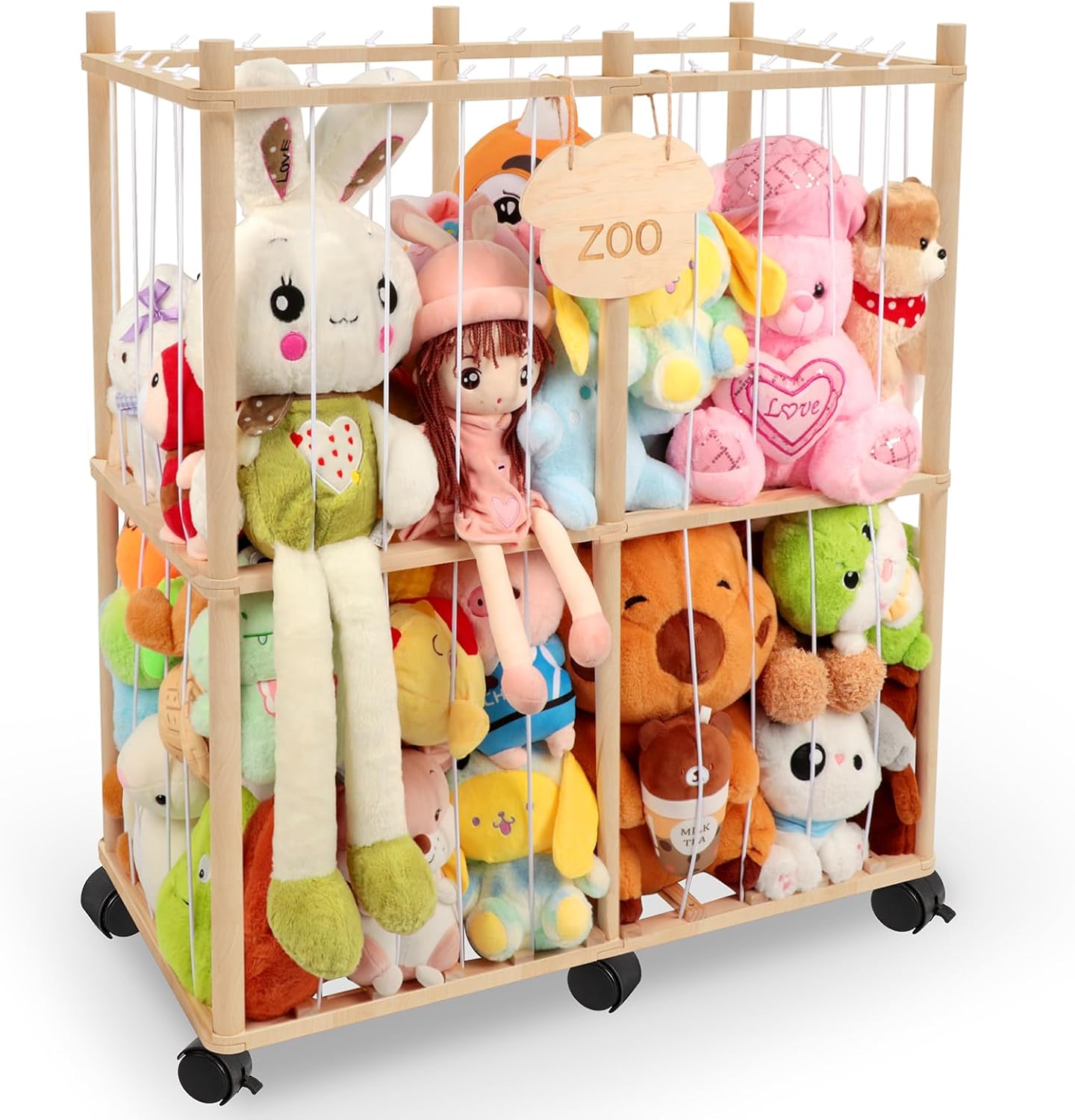 Stuffed Animal Storage, Wooden Stuff Toy Zoo Organizer, Large Capacity Stuffed Animal Holder, Space Saving Plush Toy Storage Cage with Wheels, Plush Toy Tower, Gift for Playroom Bedroom