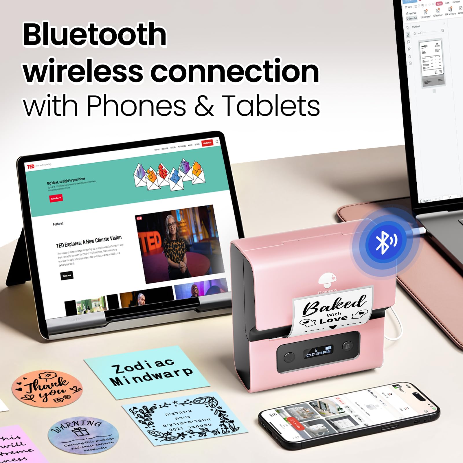 Phomemo M221 Etichettatrice Termiche Bluetooth, Set di Etichettatrice Portatile per piccole imprese, casa, scuola, Stampante Etichette Adesive con 3 rotoli di etichette e 1 borsa portatile, Rosa